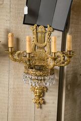 Beautiful Pair of Gilt Bronze and Crystal Drops Six-Light Sconces