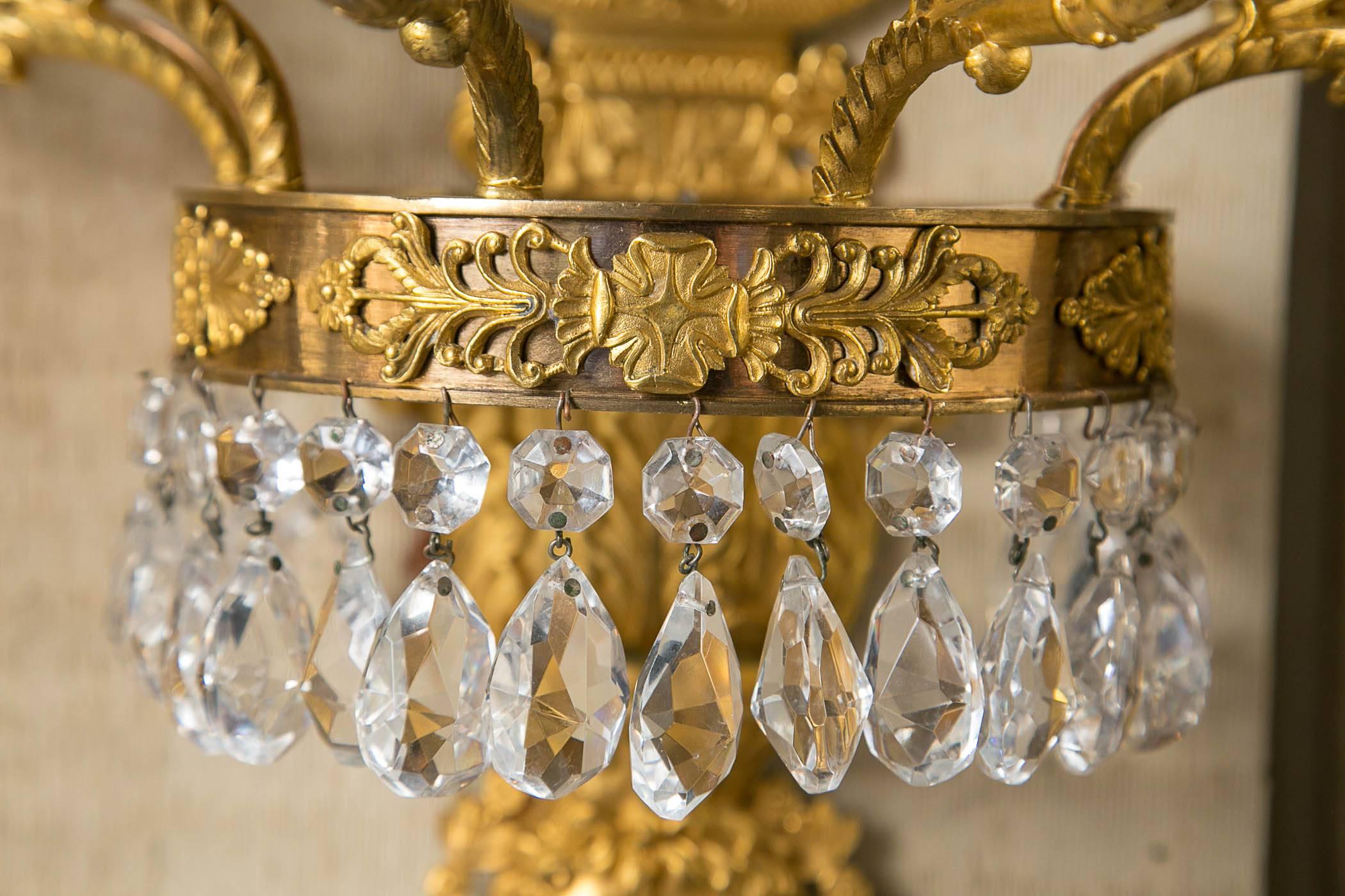 Beautiful Pair of Gilt Bronze and Crystal Drops Six-Light Sconces For Sale 1
