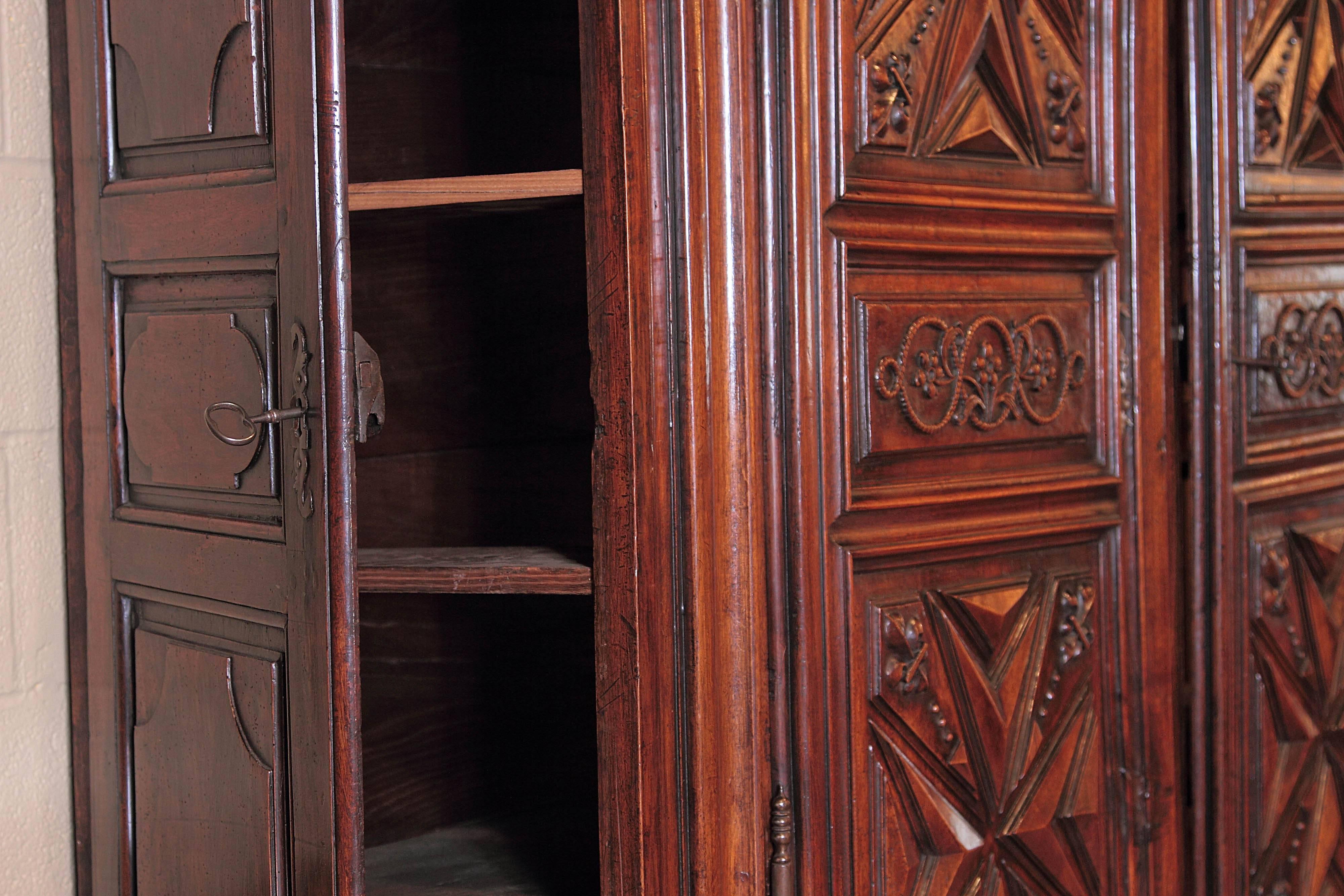 Mid-17th Century French Louis XIII Carved Walnut Armoire with Side Doors In Excellent Condition In Dallas, TX