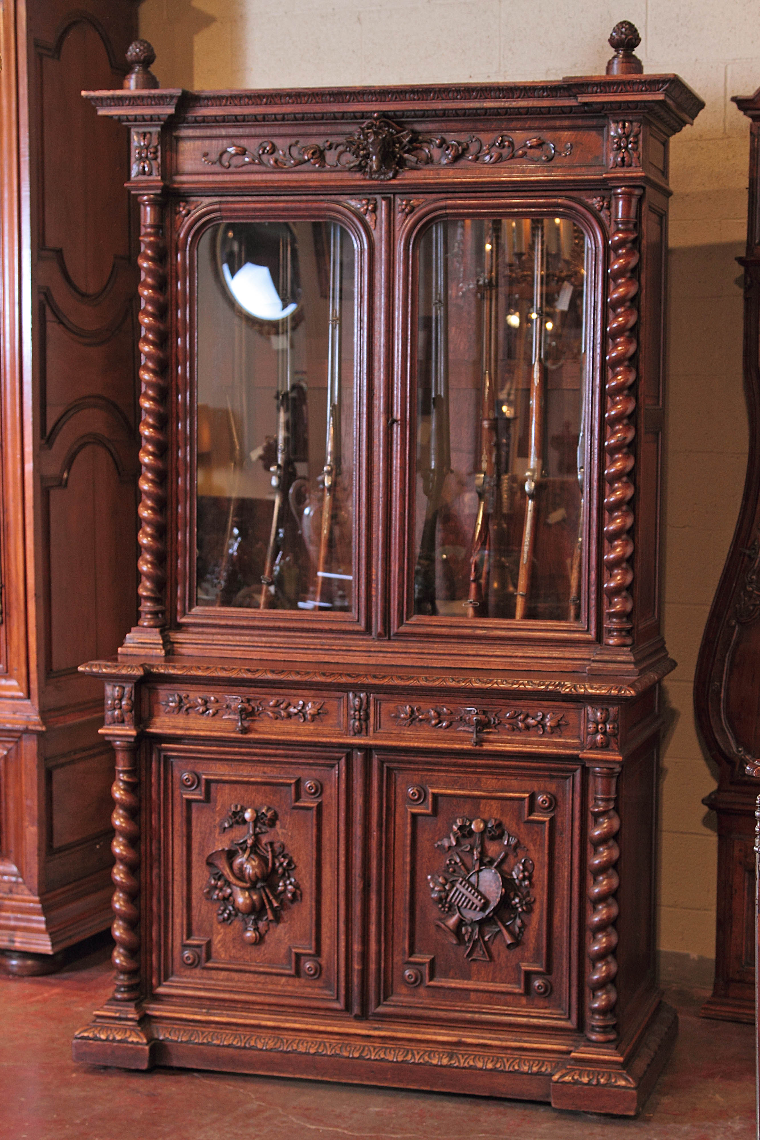 19th Century French Carved Oak Eight Gun Display Cabinet With Hunt