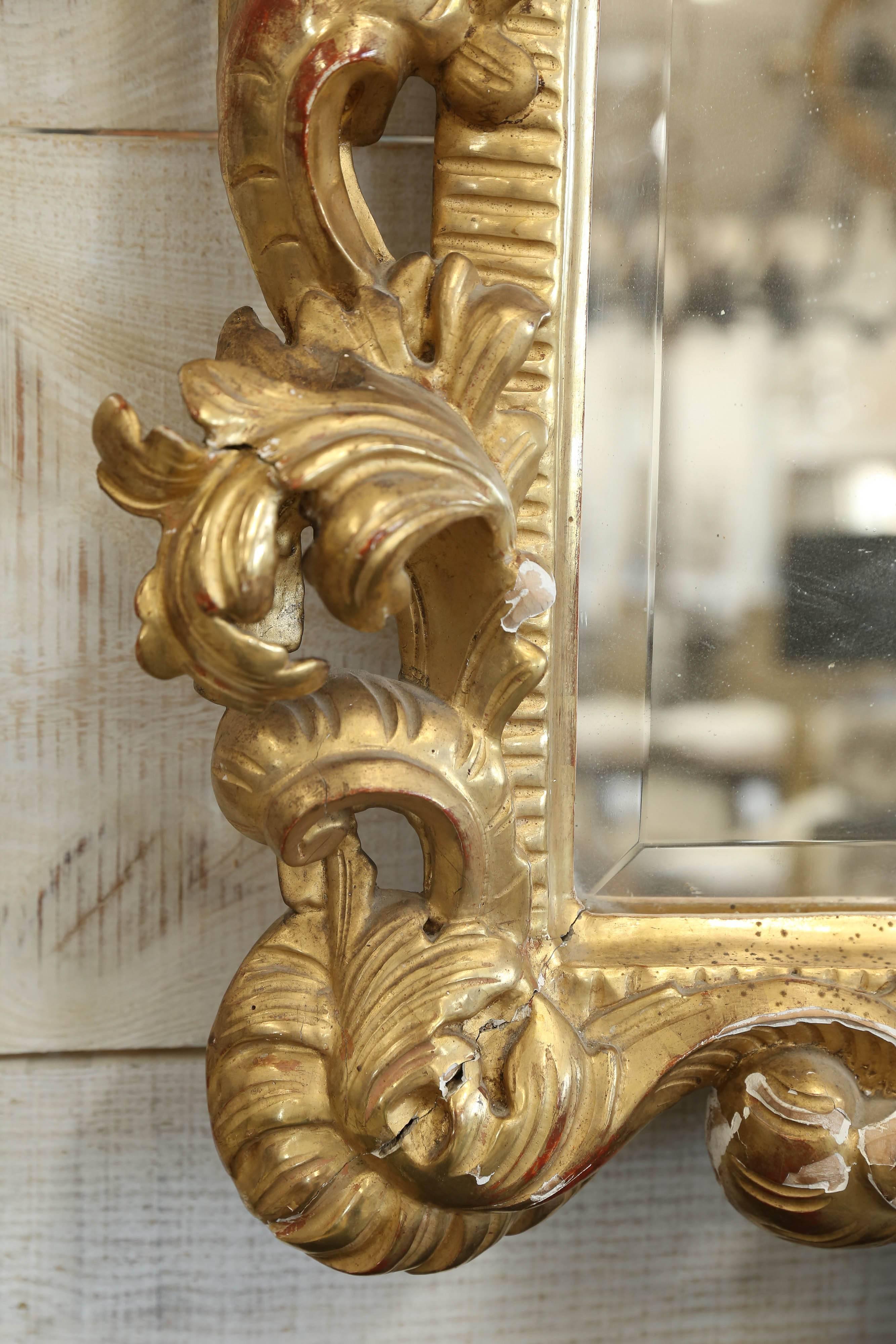 This is a beautiful Italian mirror that has been elaborately carved and gilt in the Rococo style. Its mirror is beveled. It has been repaired in a few places.