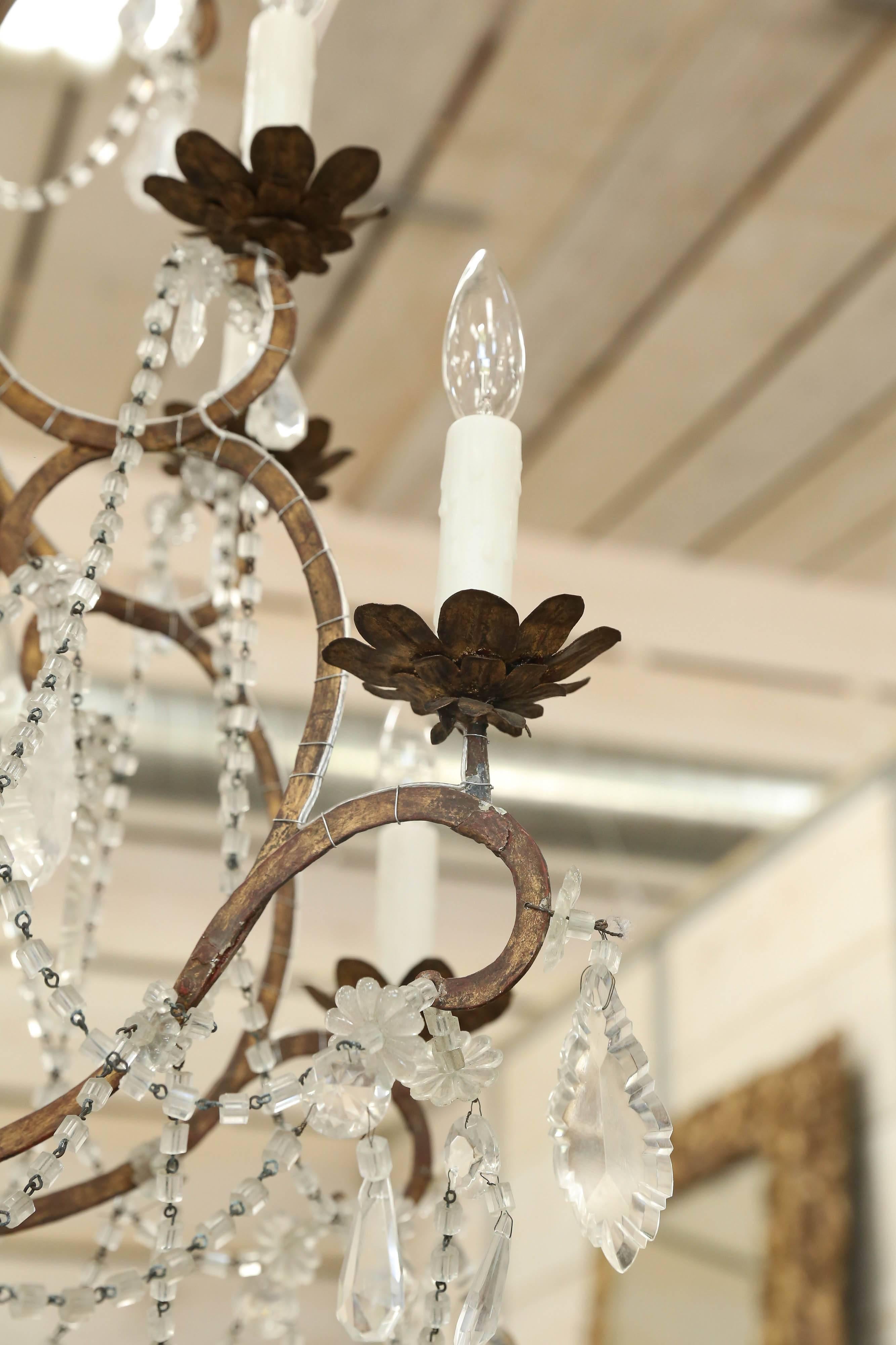 Other Italian Early 19th Century Draped Beaded Chandelier Iron and Wood For Sale