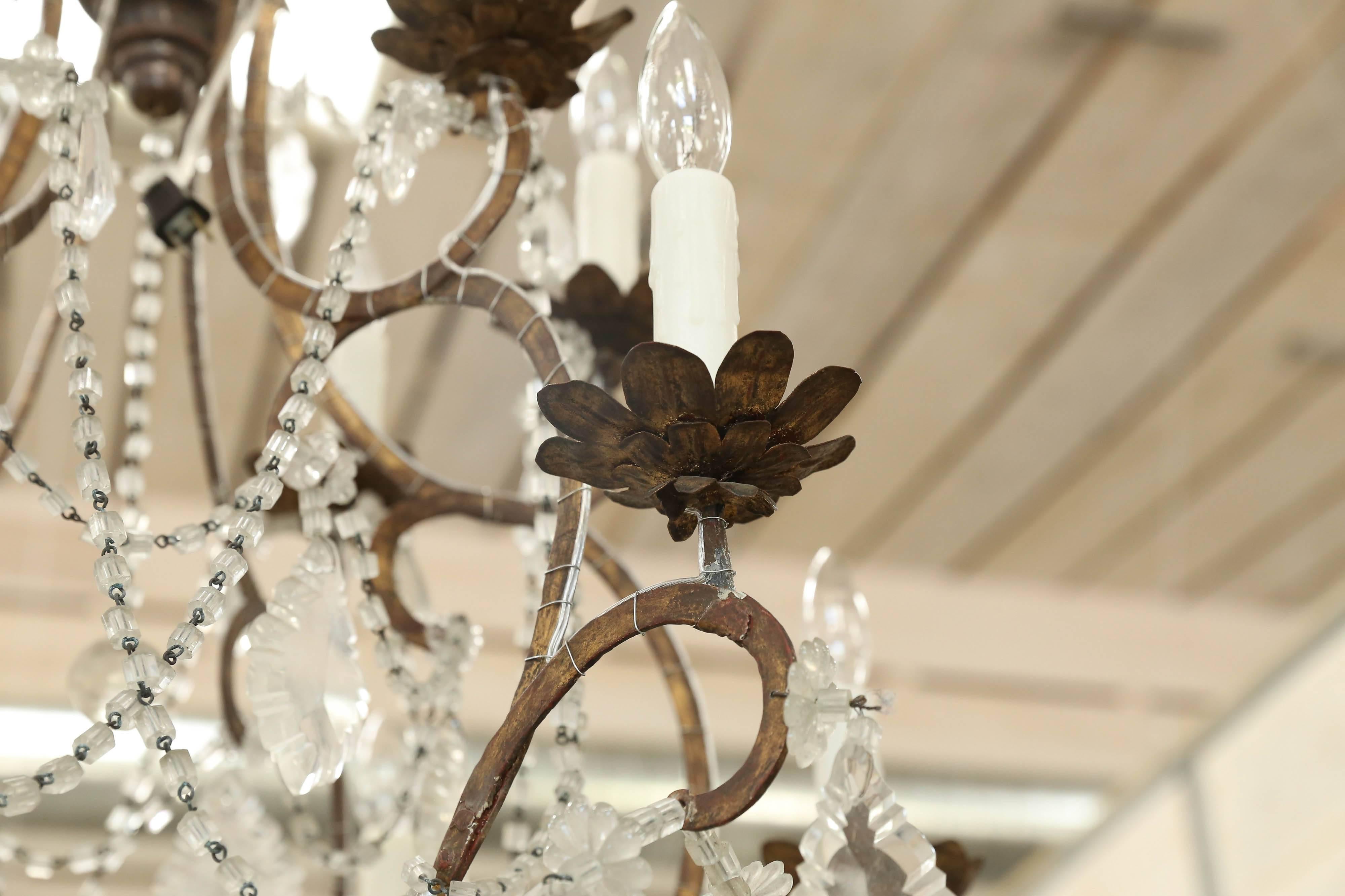 Italian Early 19th Century Draped Beaded Chandelier Iron and Wood In Good Condition For Sale In Houston, TX