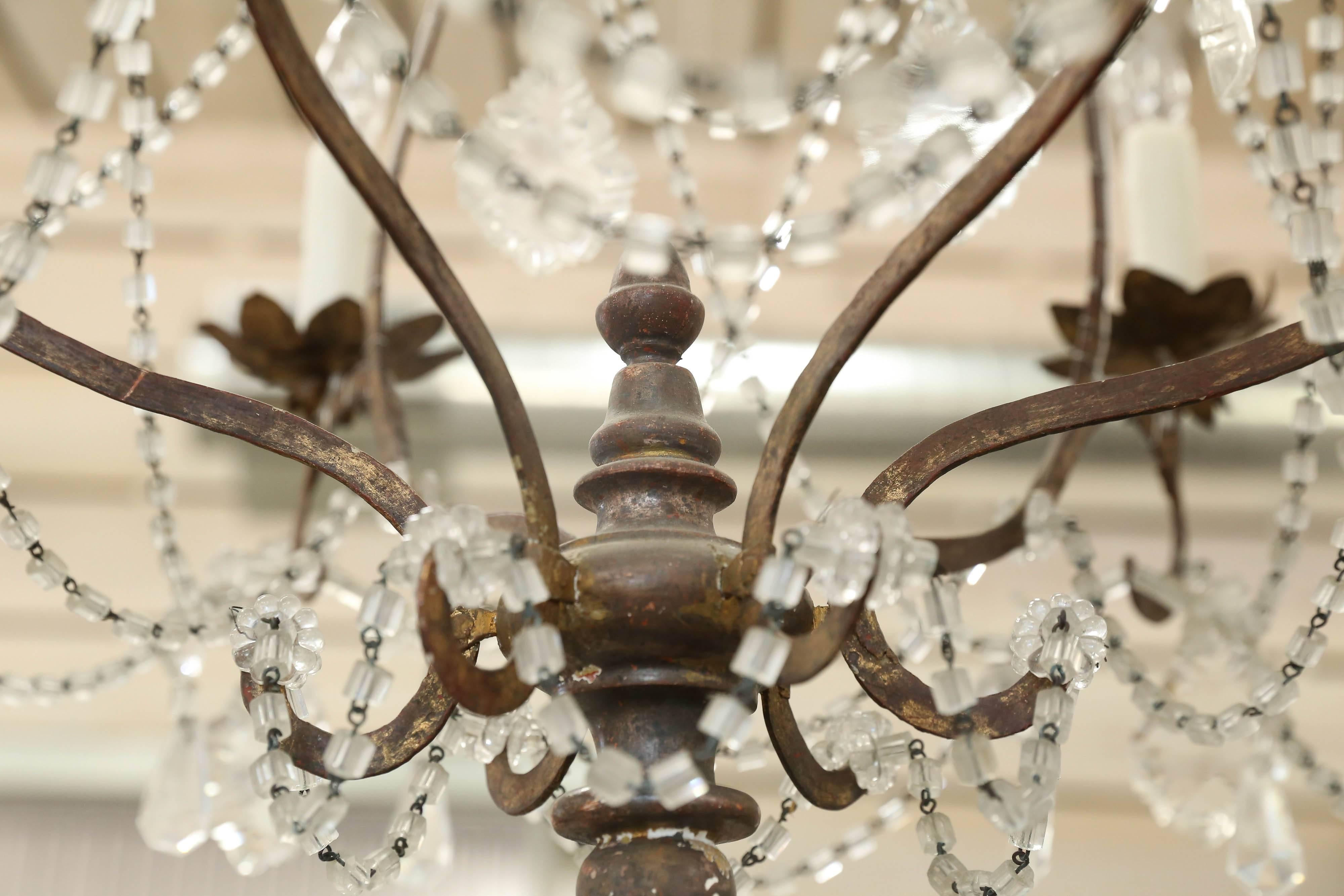 Gilt Metal Italian Early 19th Century Draped Beaded Chandelier Iron and Wood For Sale