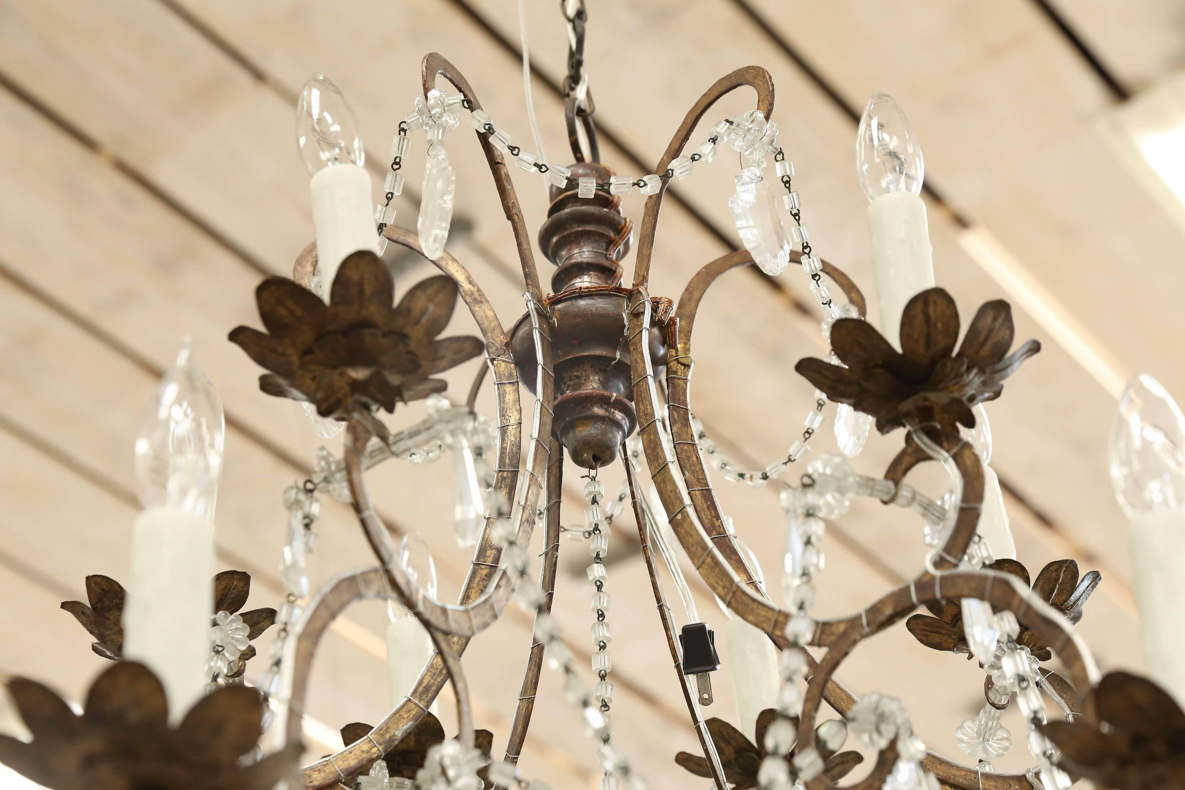 Italian Early 19th Century Draped Beaded Chandelier Iron and Wood For Sale 2