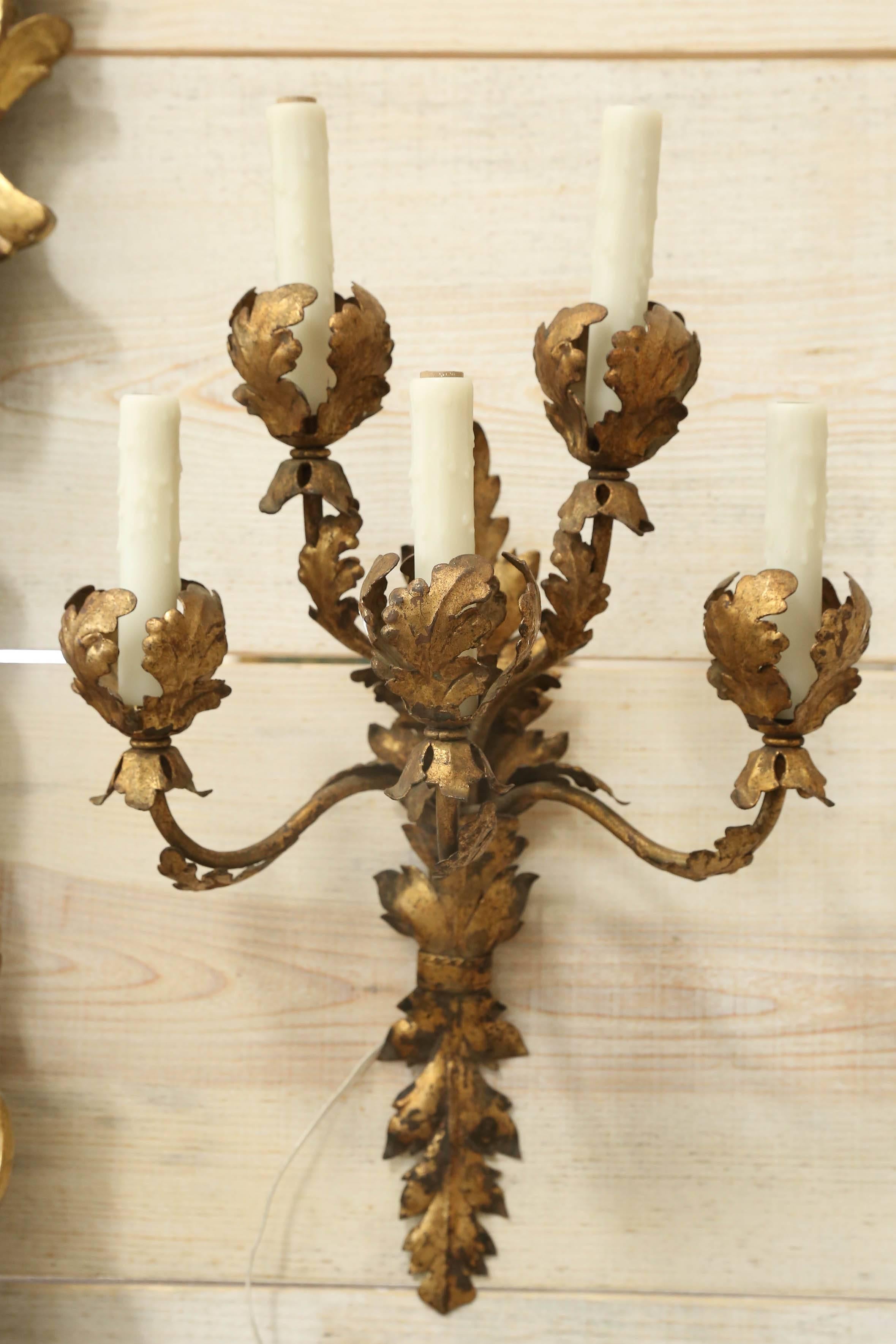 Pair of five-arm gilt tole sconces from Italy.