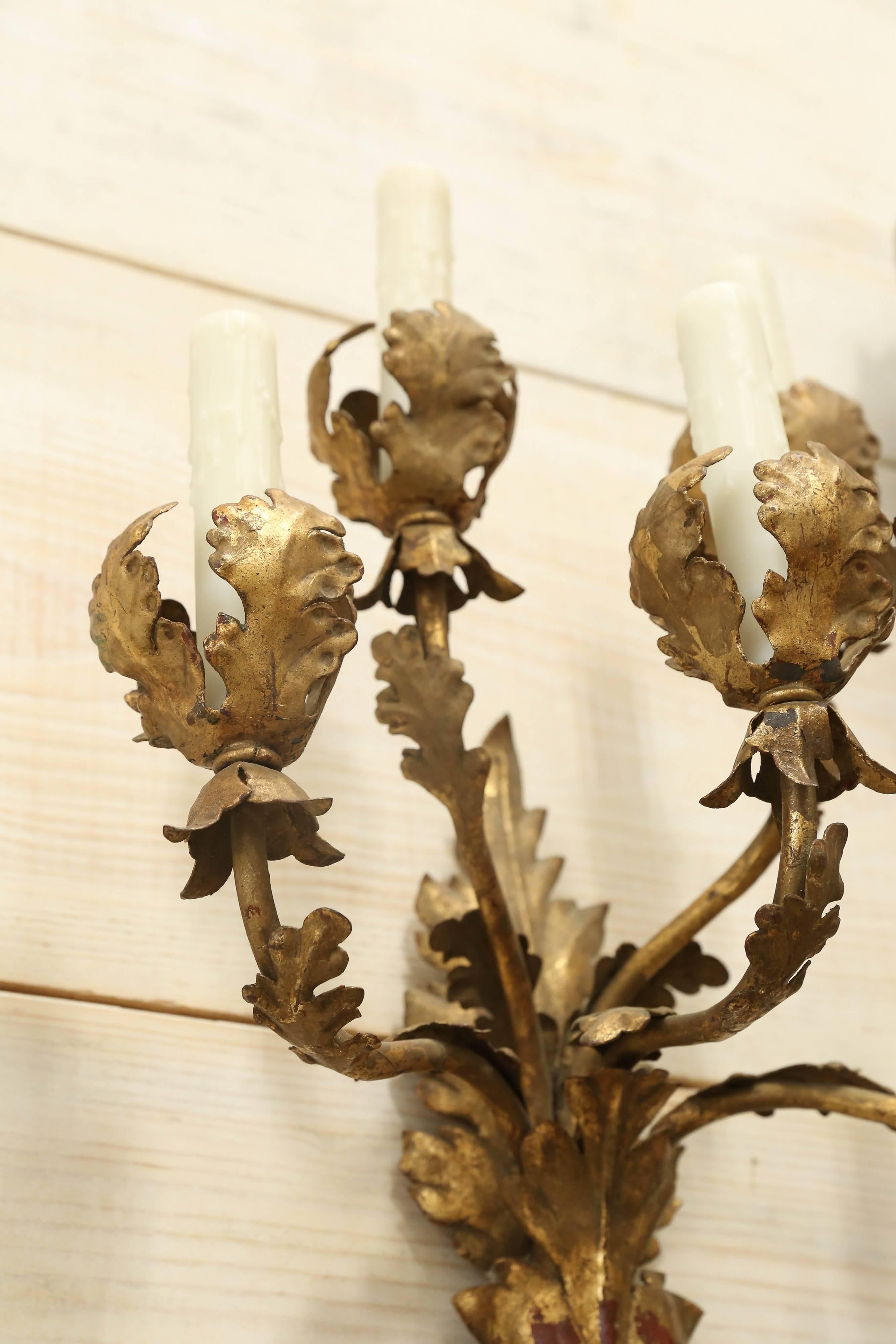 Italian Five-Arm Gilted Tole Sconces 3