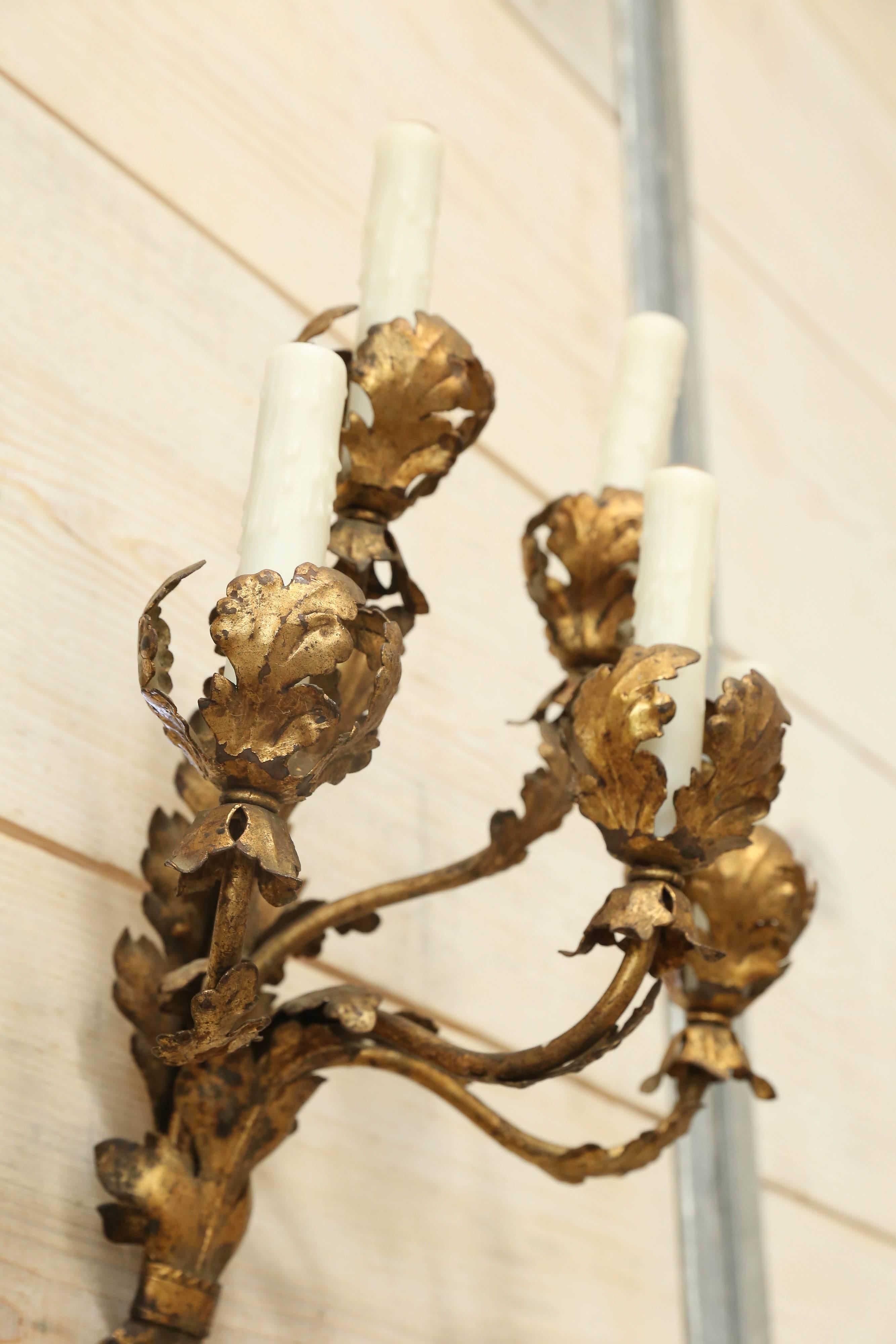 Italian Five-Arm Gilted Tole Sconces 5