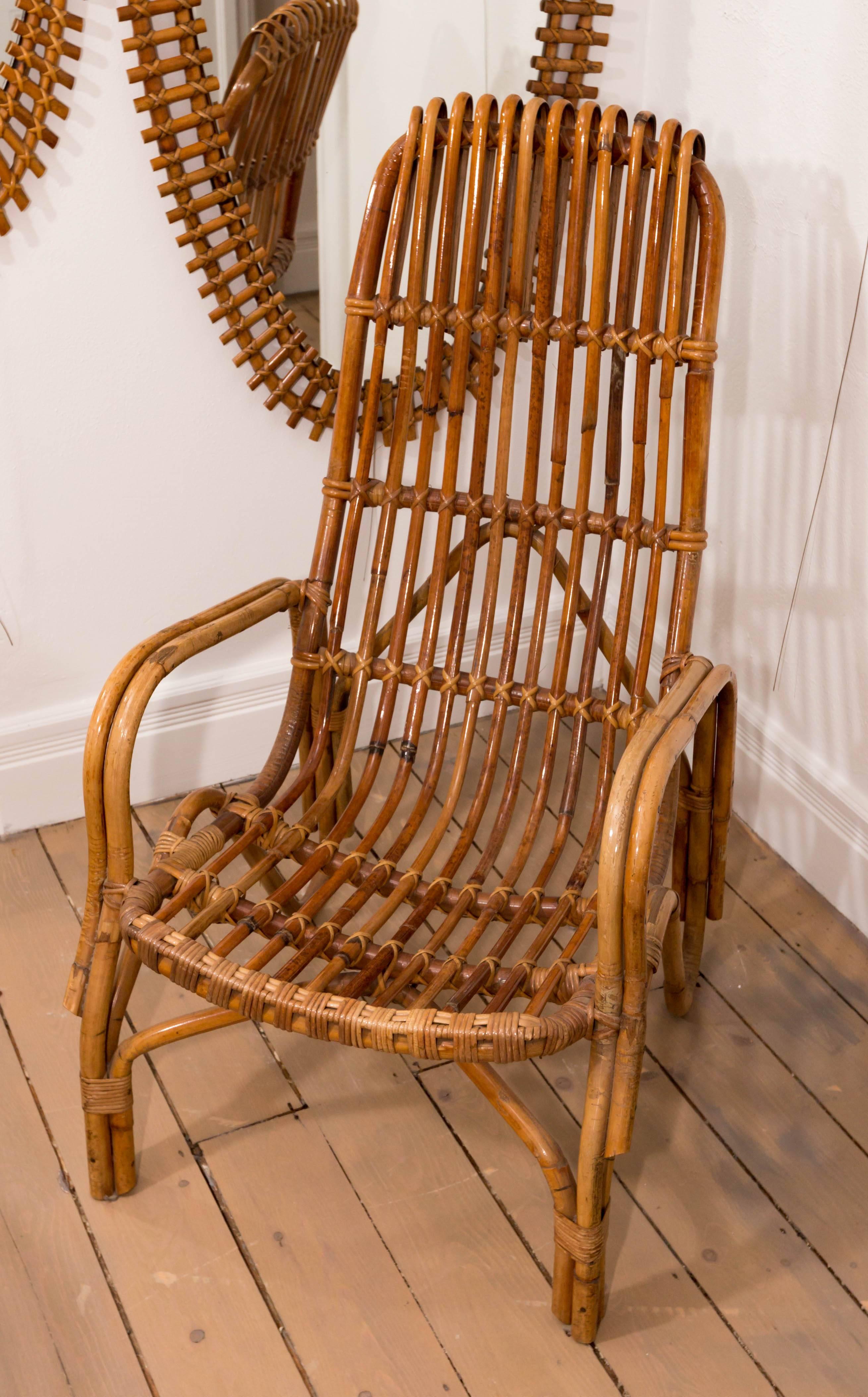Italian Pair of Tall Back Rattan Armchairs For Sale