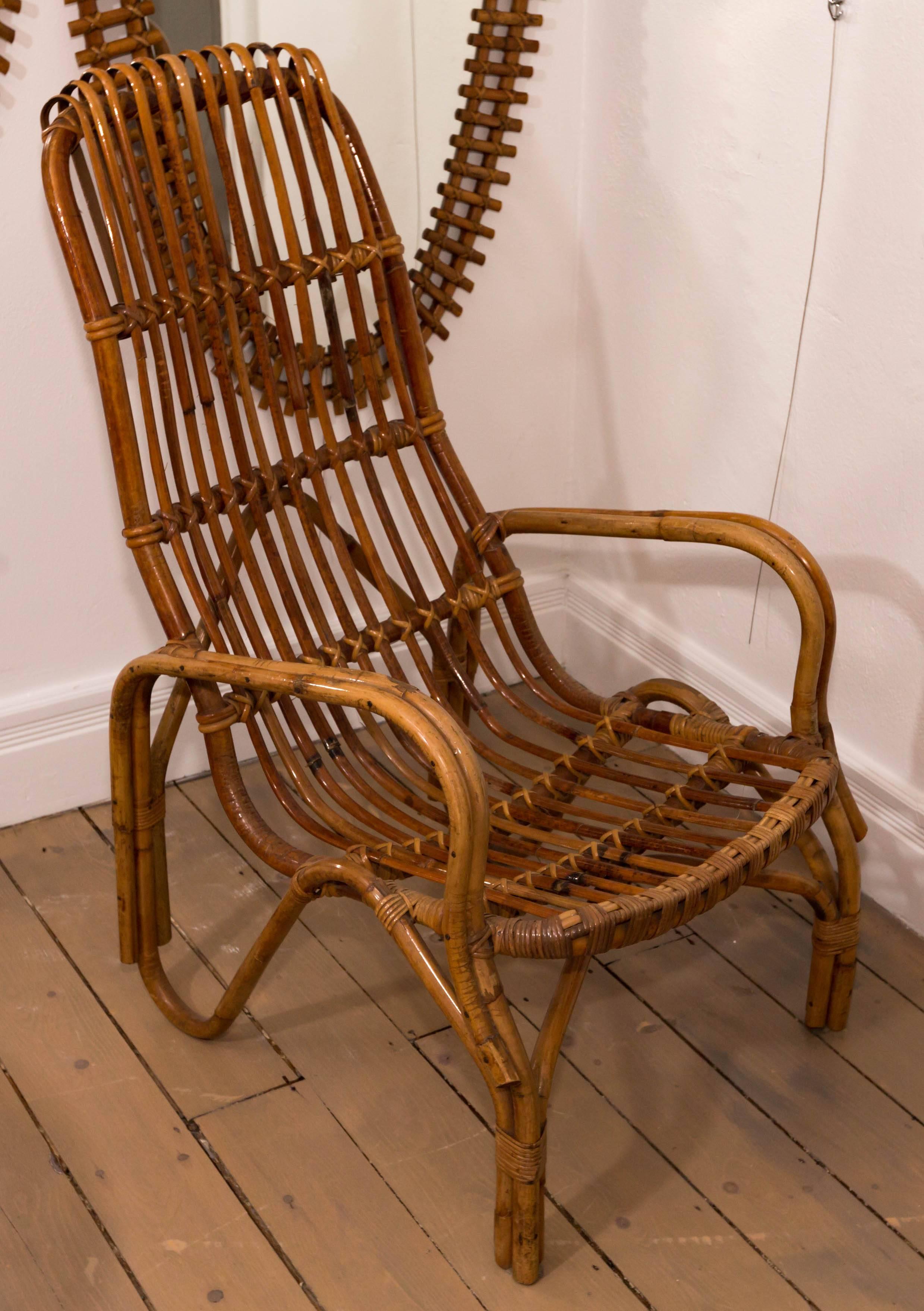 Pair of Tall Back Rattan Armchairs In Good Condition For Sale In Bridgehampton, NY