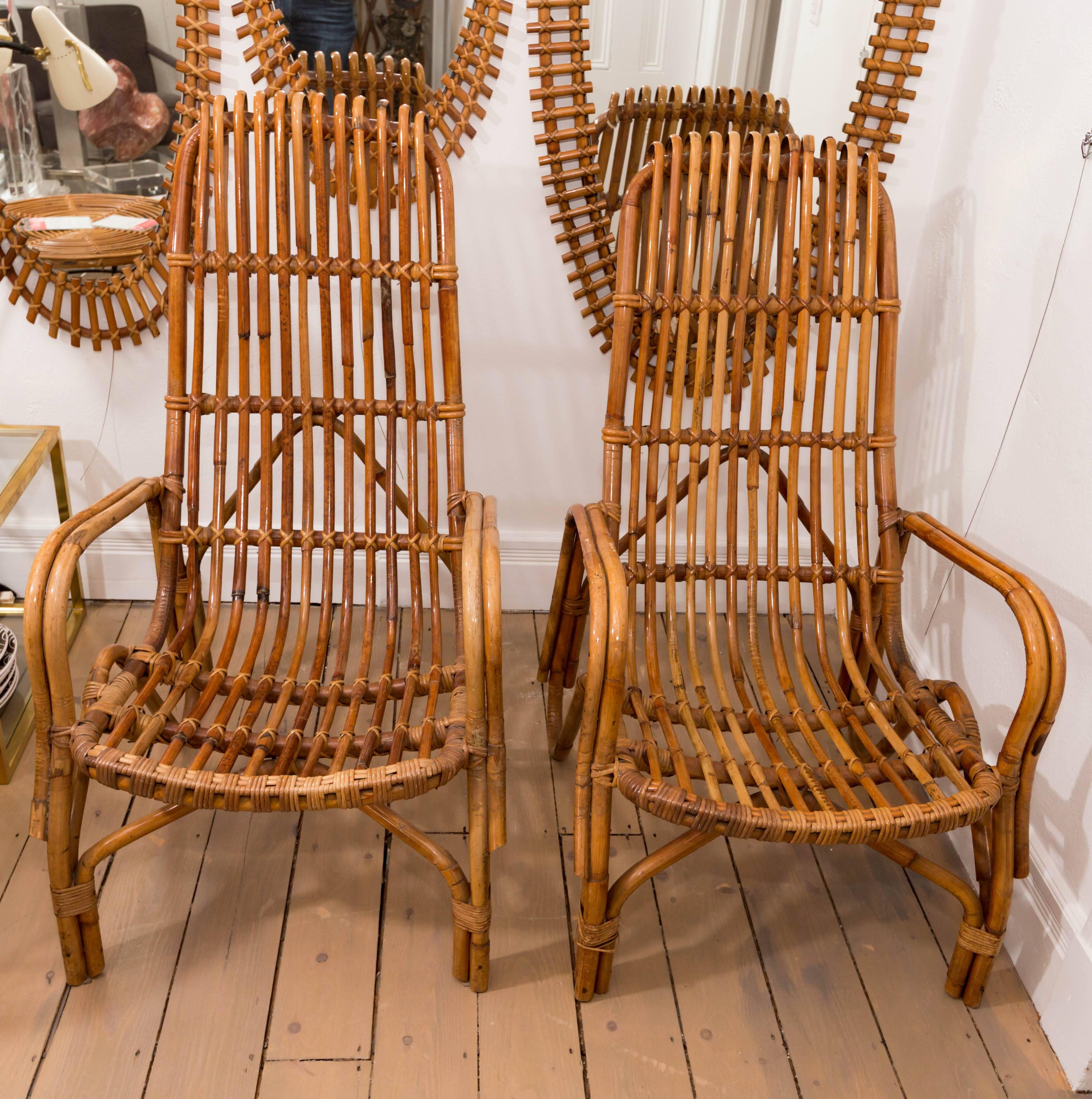 Pair of Tall Back Rattan Armchairs For Sale 2