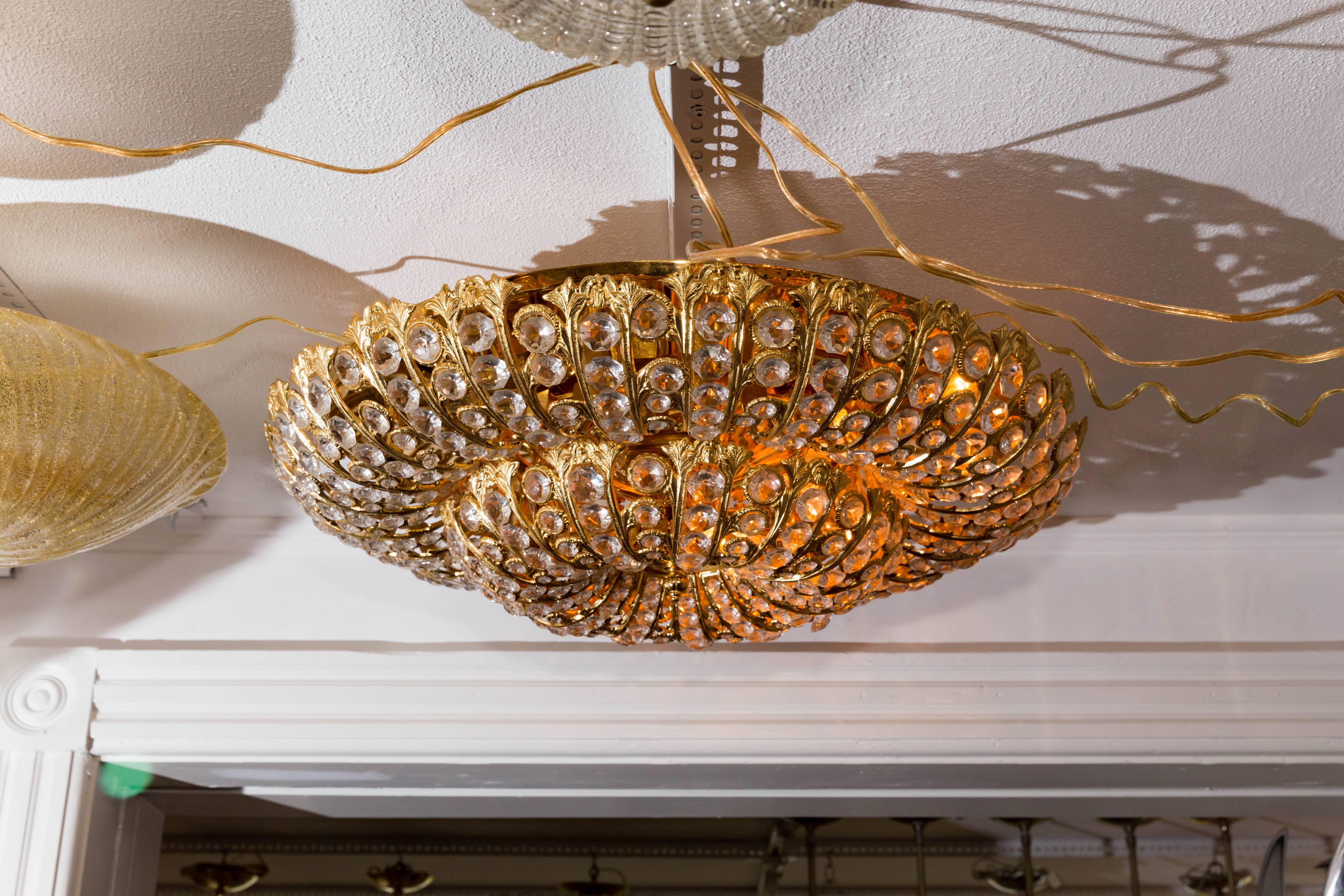 Dome Form Gilt Metal Flush Mount Fixture with Inset Crystal Elements In Good Condition For Sale In Bridgehampton, NY