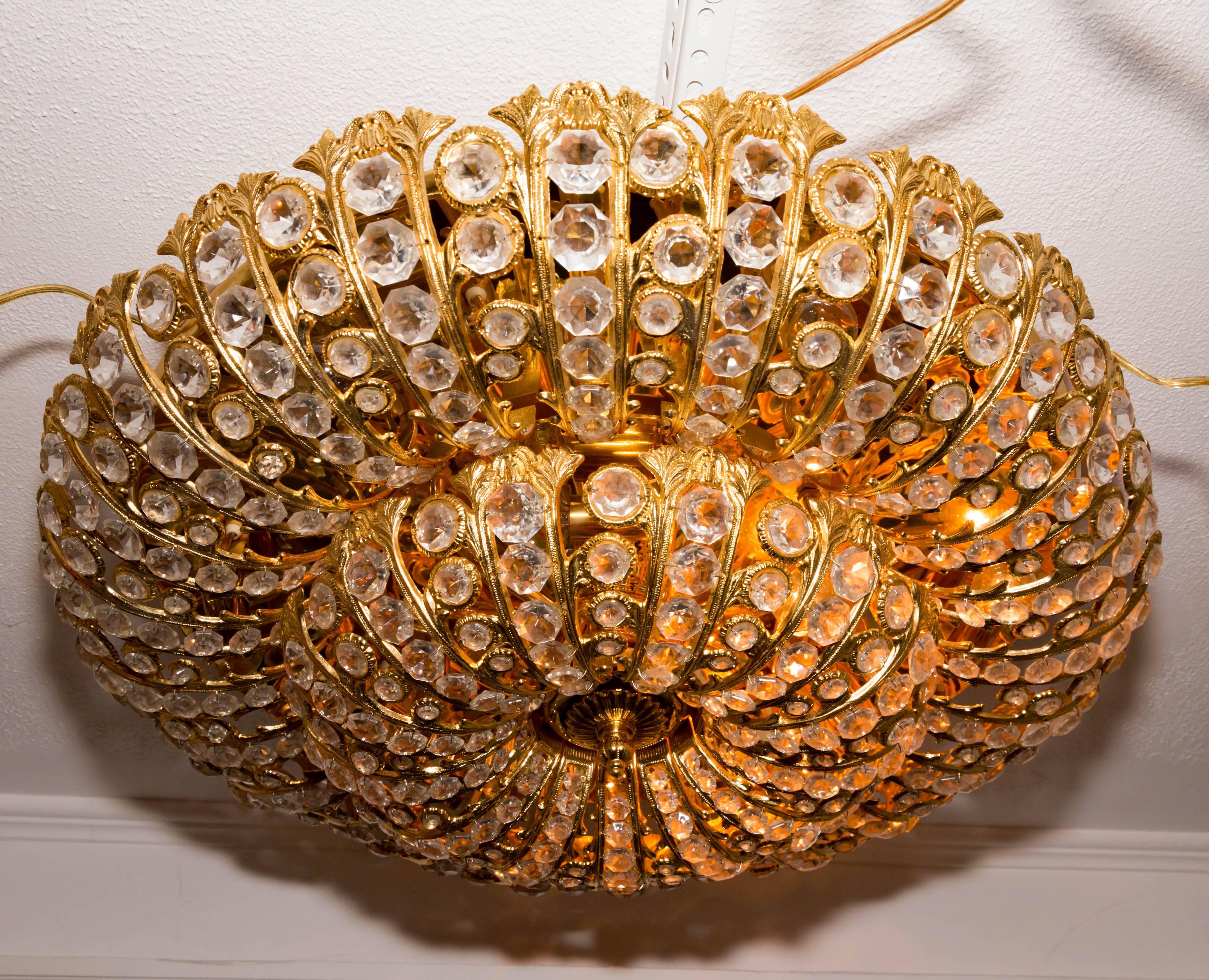 20th Century Dome Form Gilt Metal Flush Mount Fixture with Inset Crystal Elements For Sale