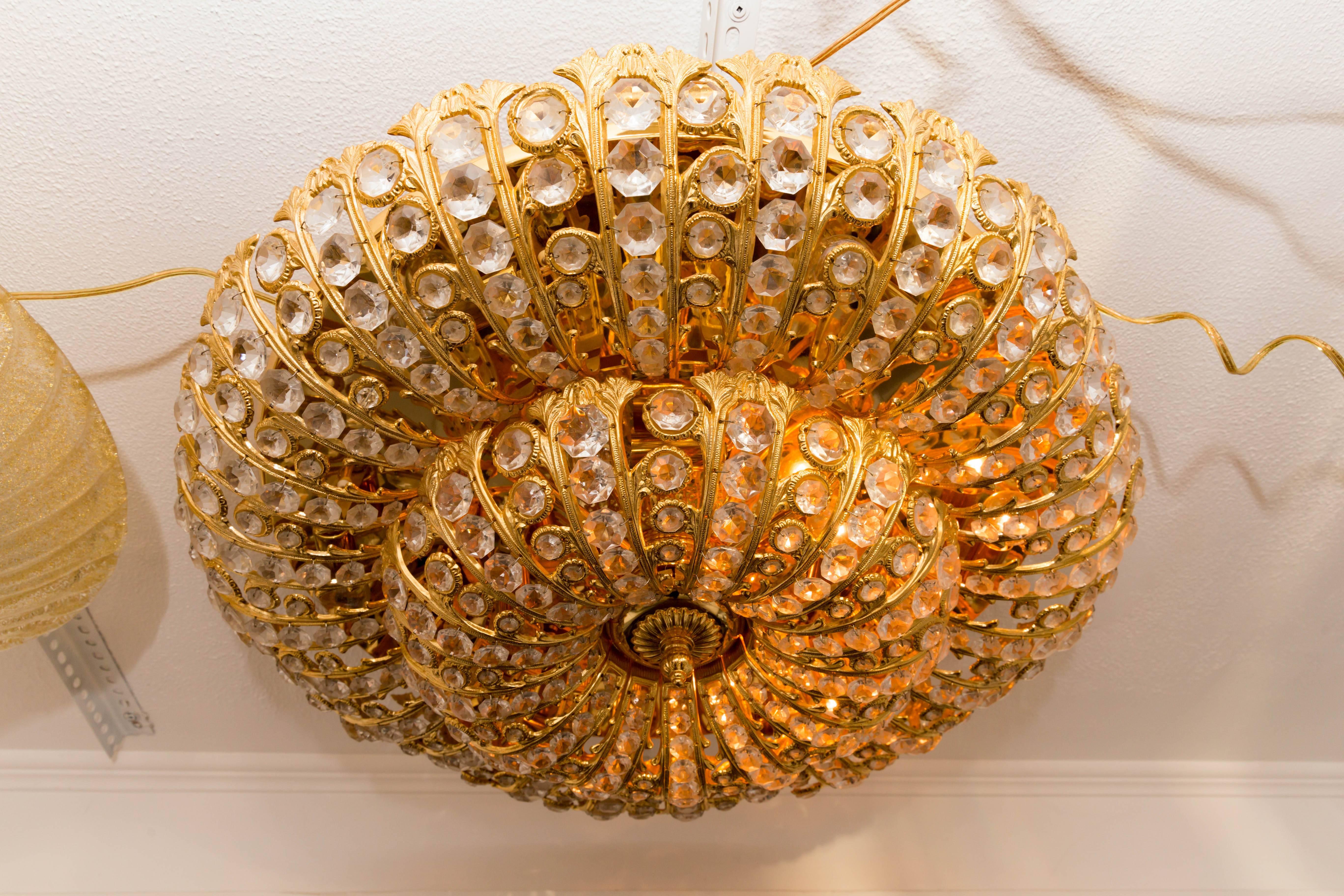 Dome Form Gilt Metal Flush Mount Fixture with Inset Crystal Elements For Sale 1