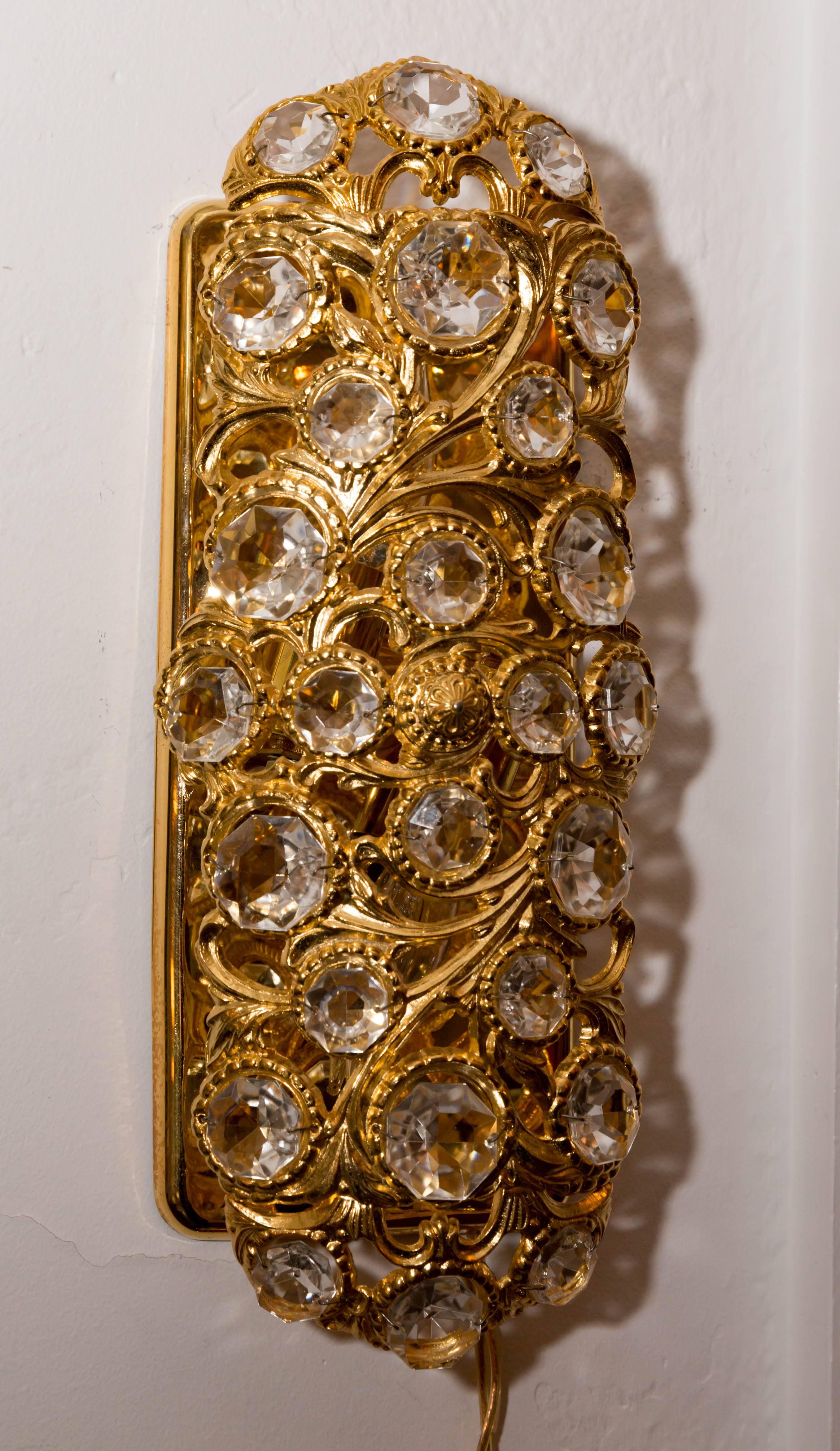 Mid-Century Modern Pair of Gilt Metal Tendril Sconces with Inset Crystal Details