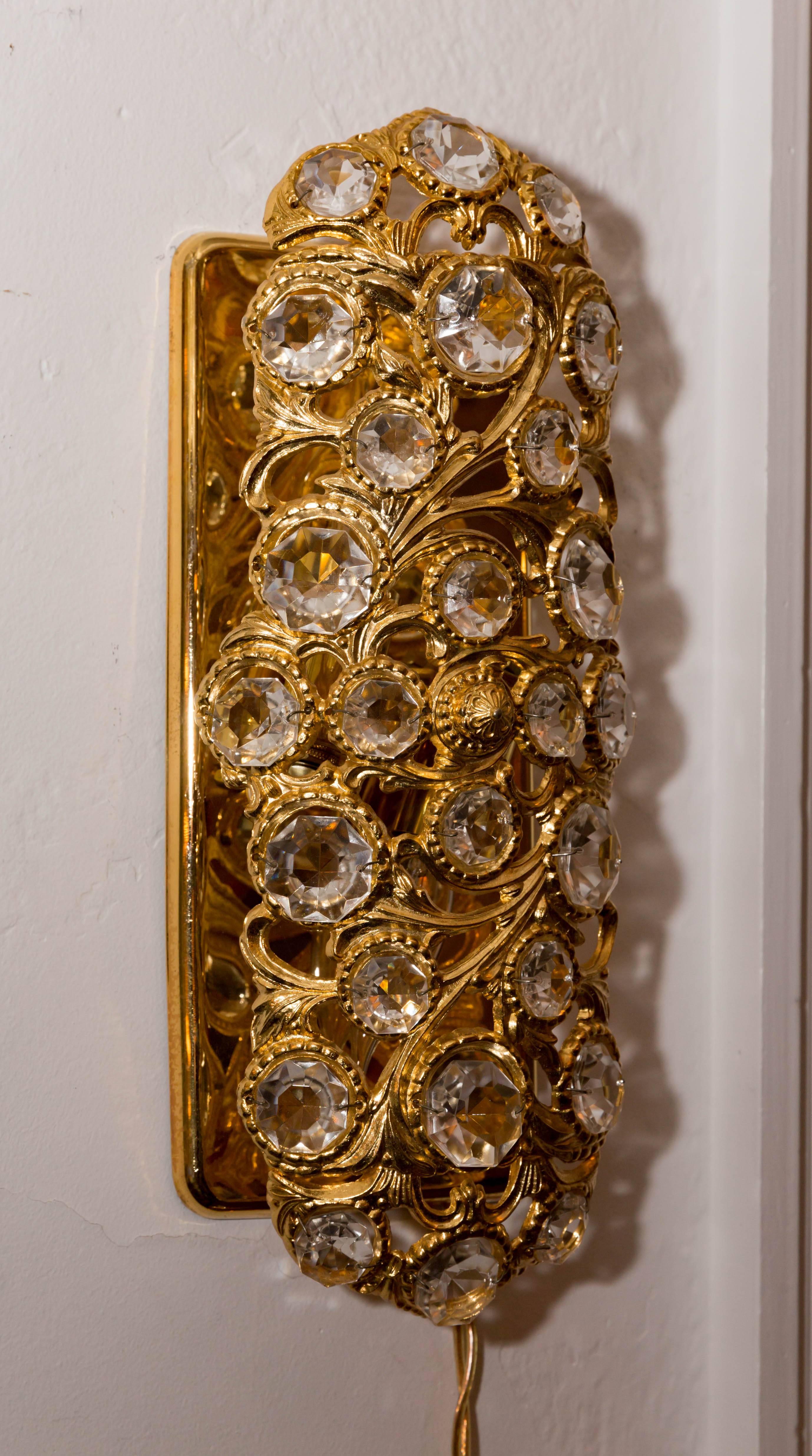 Pair of Gilt Metal Tendril Sconces with Inset Crystal Details In Excellent Condition In Bridgehampton, NY