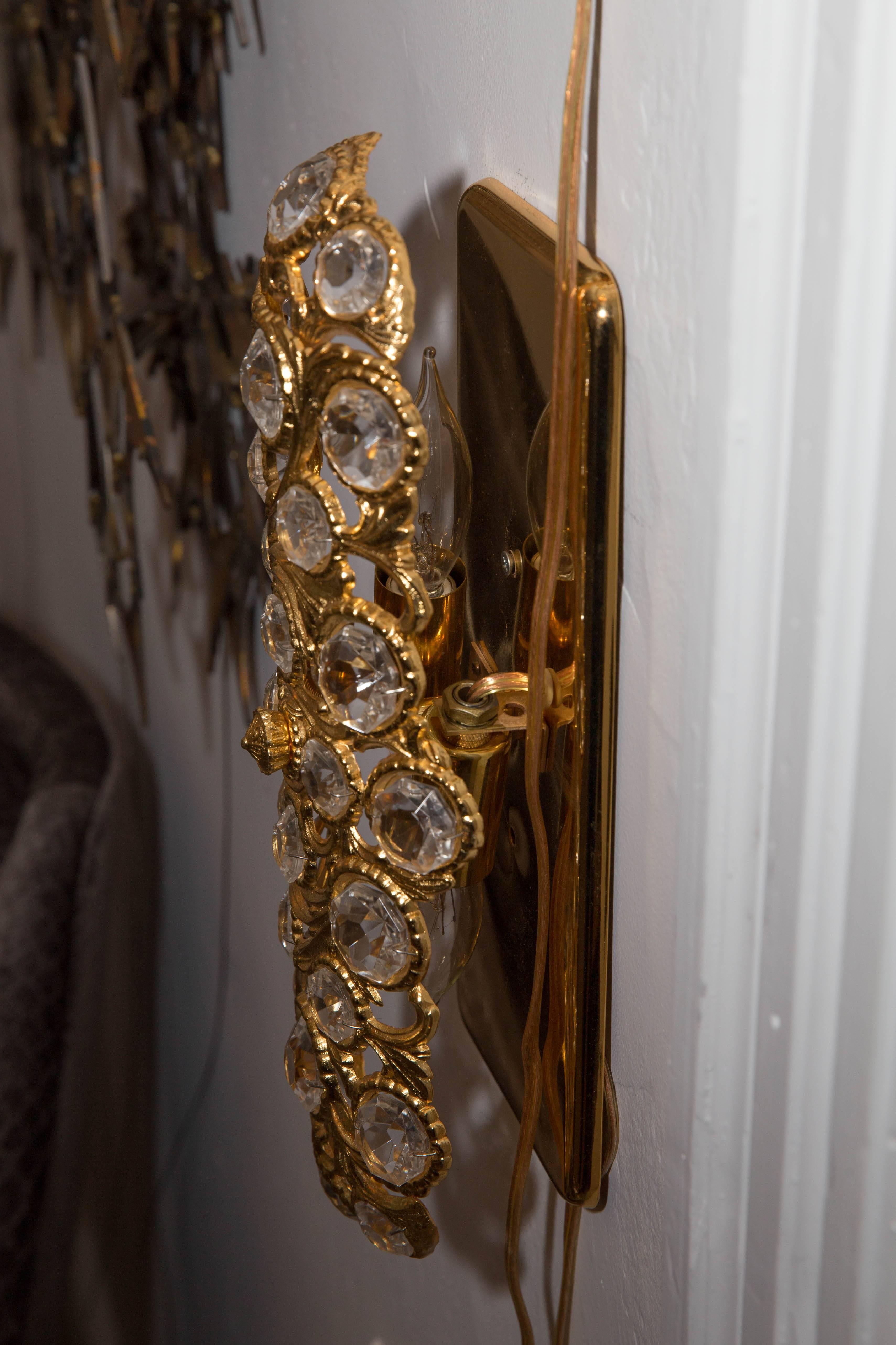 20th Century Pair of Gilt Metal Tendril Sconces with Inset Crystal Details