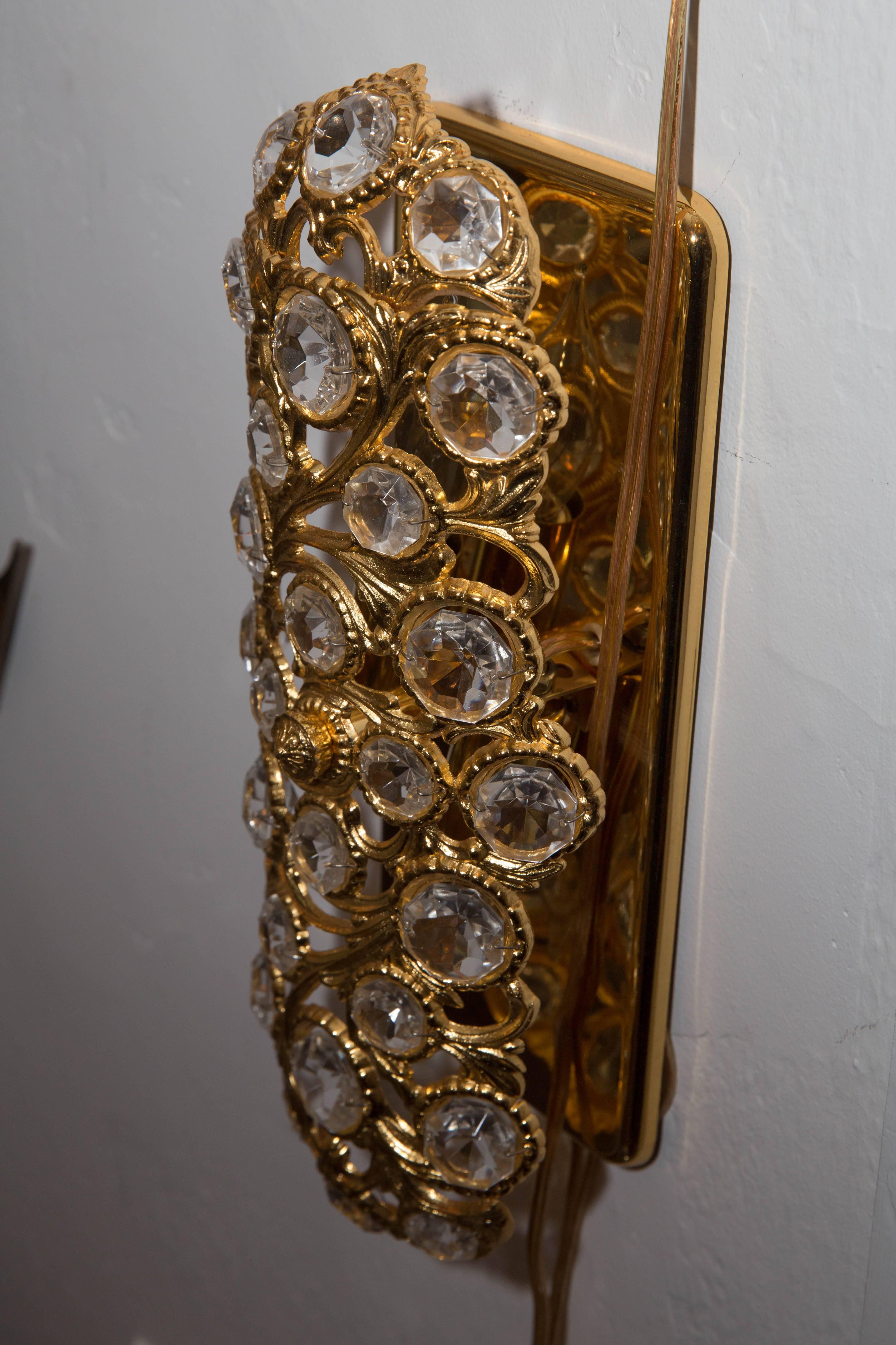 Pair of Gilt Metal Tendril Sconces with Inset Crystal Details 1