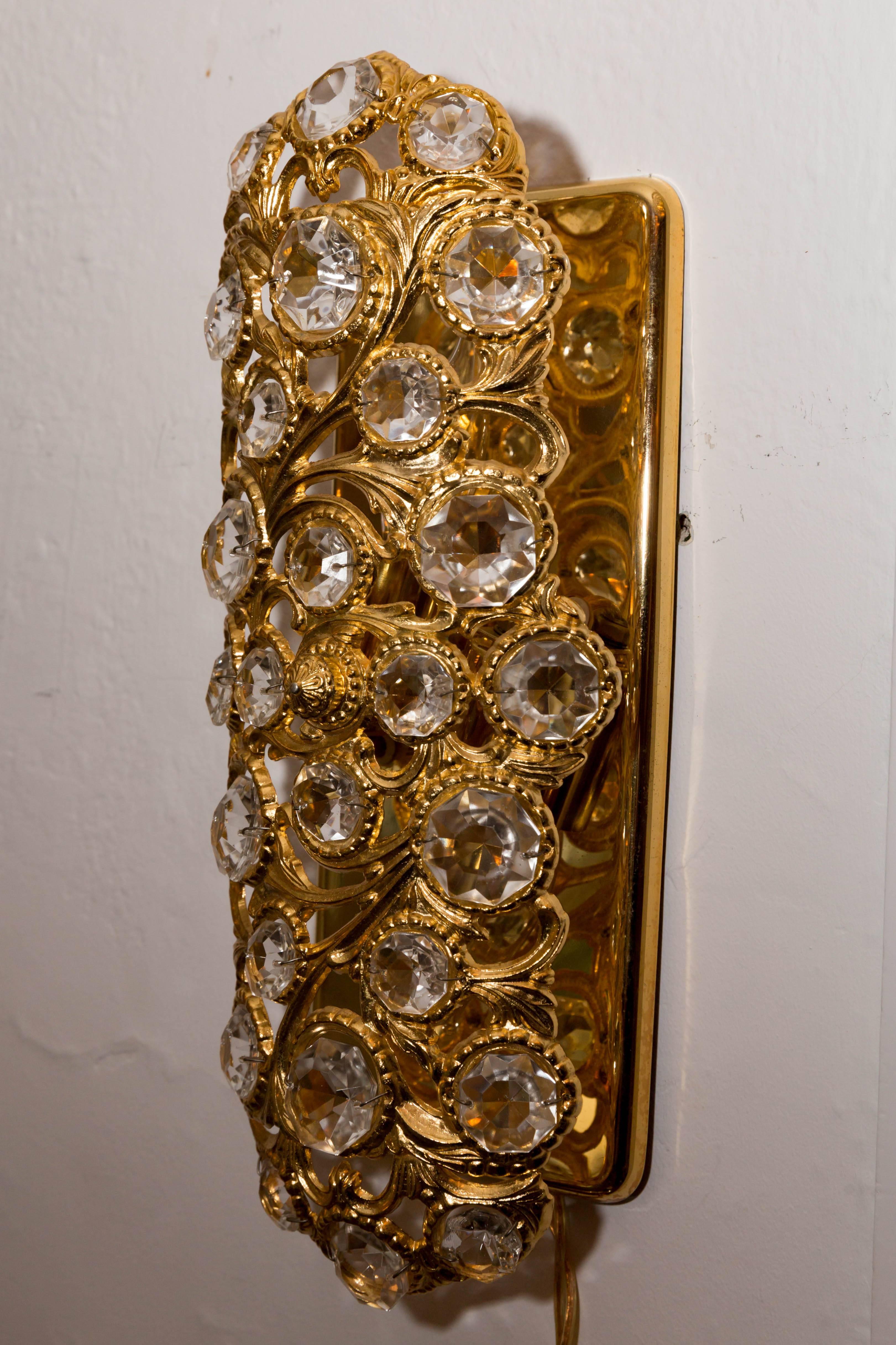 Pair of Gilt Metal Tendril Sconces with Inset Crystal Details 2