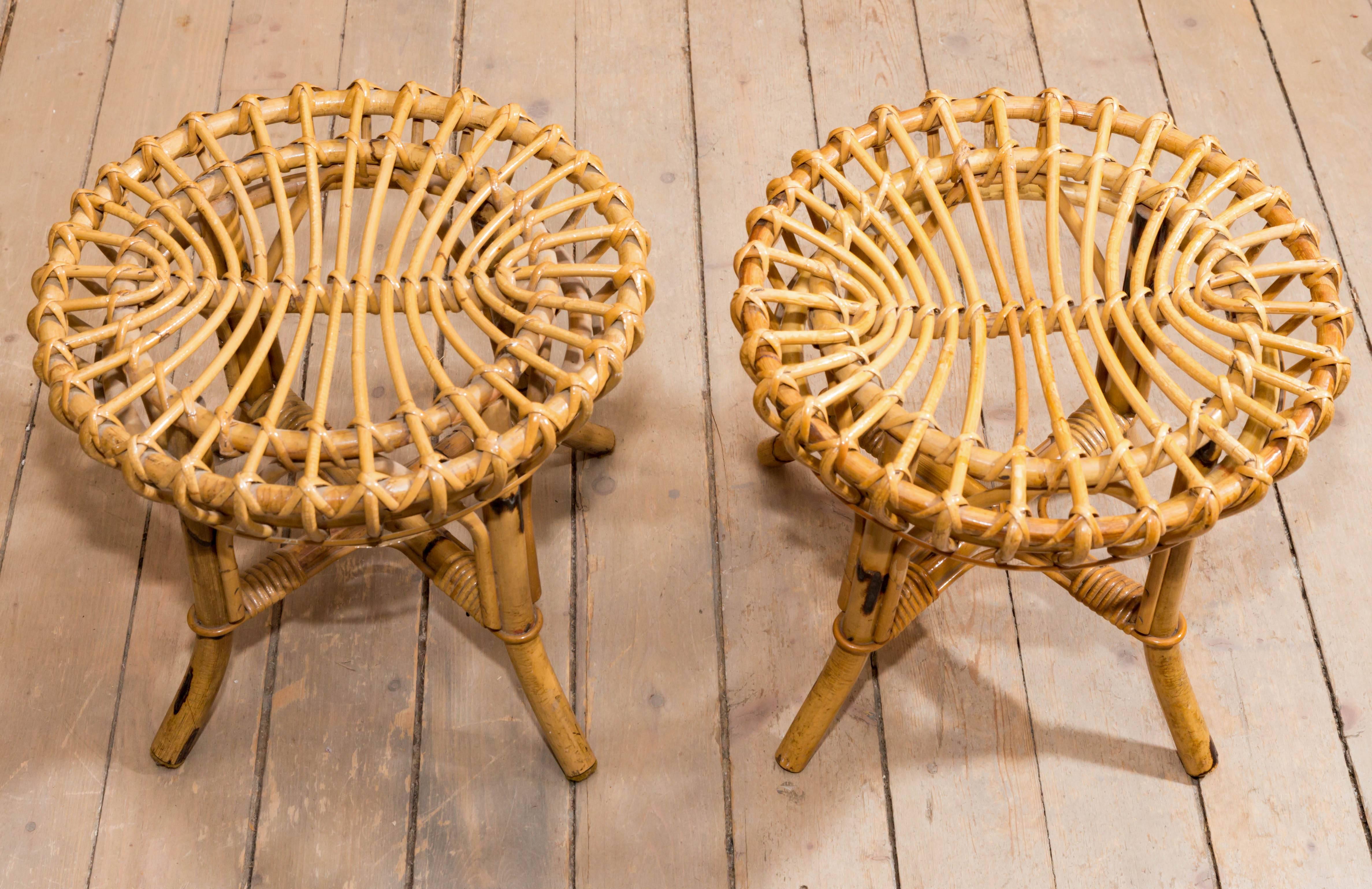 Pair of Vintage Bamboo Stools In Excellent Condition In Bridgehampton, NY
