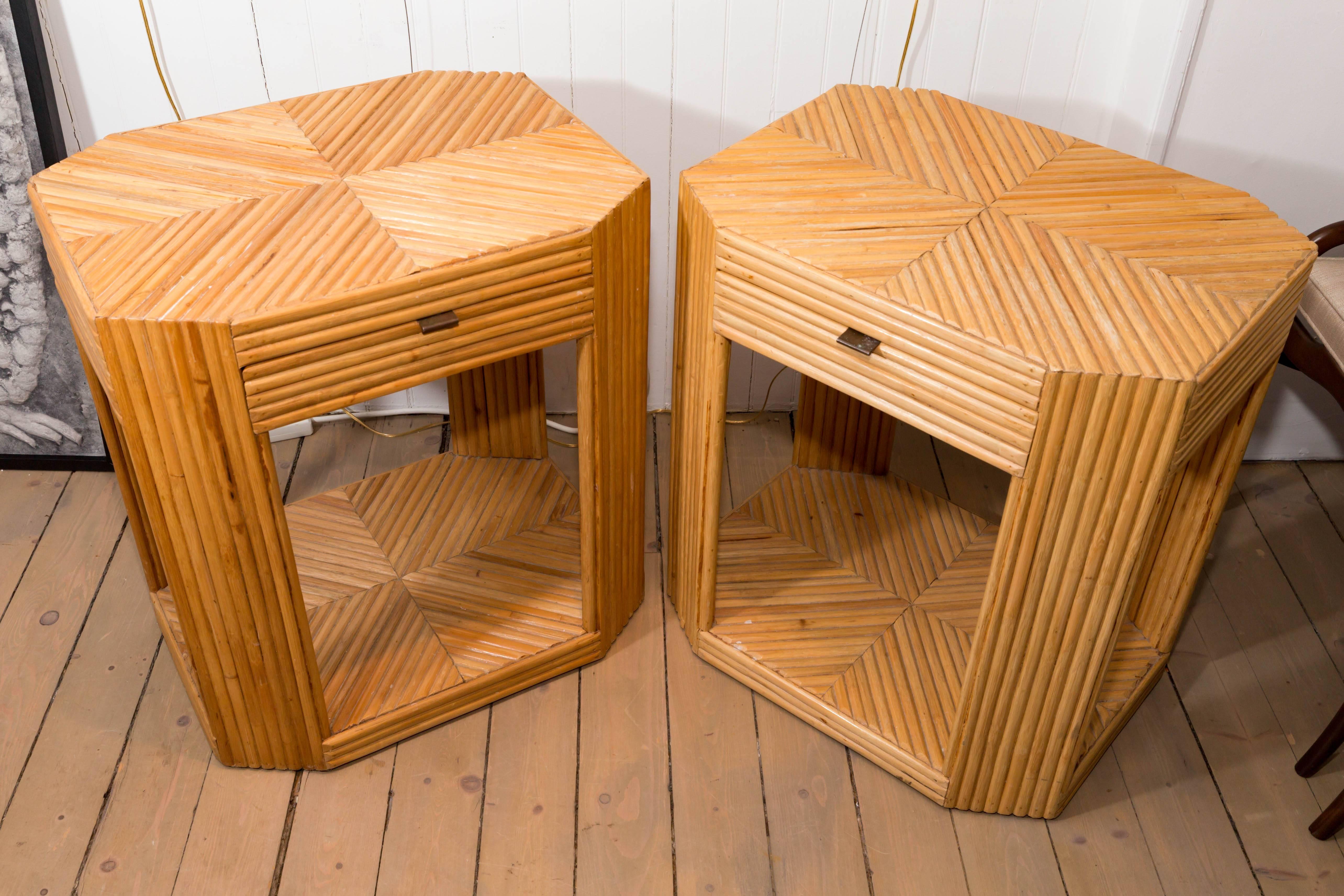 Pair of bamboo single drawer with brass detail side tables.