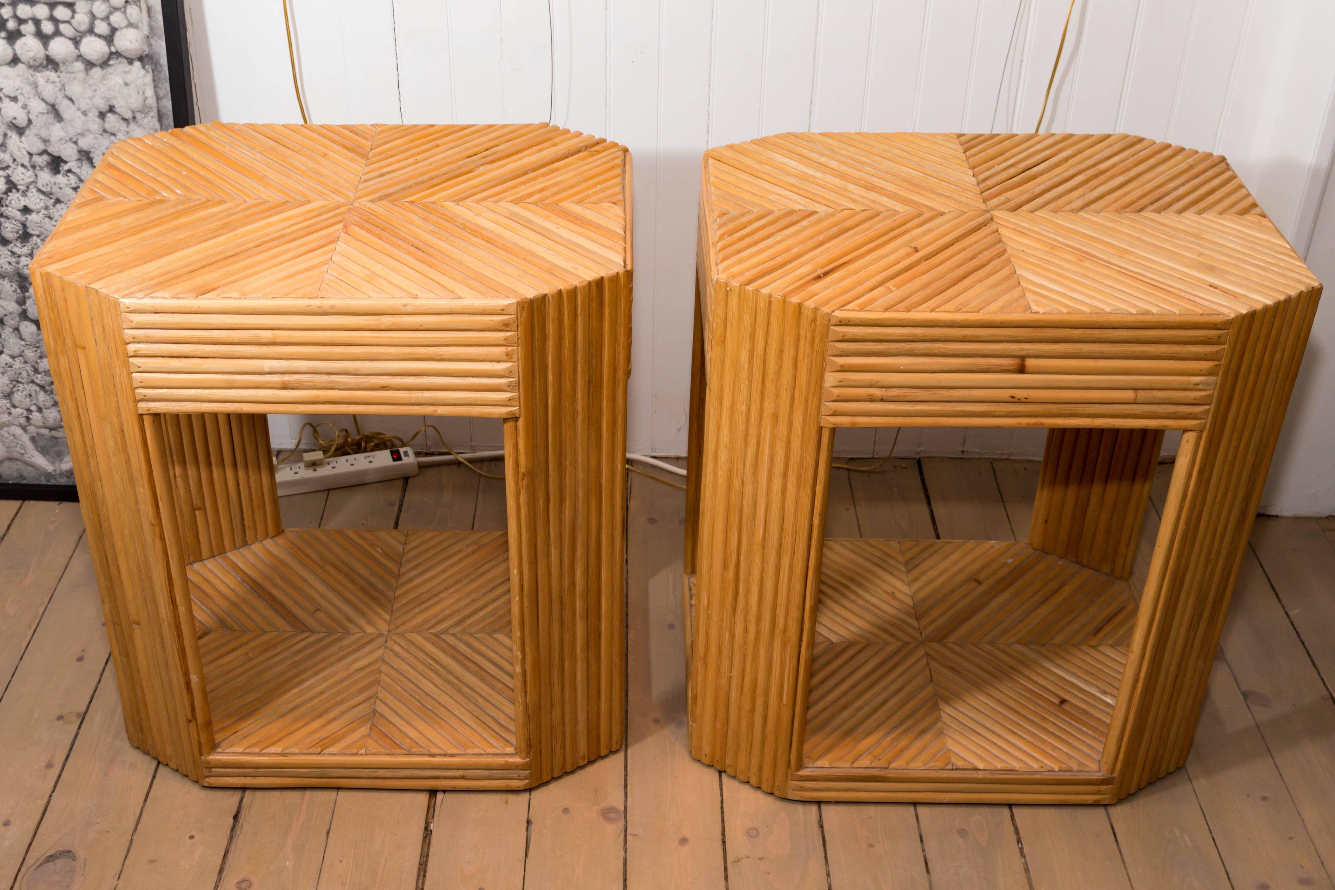 American Pair of Bamboo Single Drawer with Brass Detail Side Tables