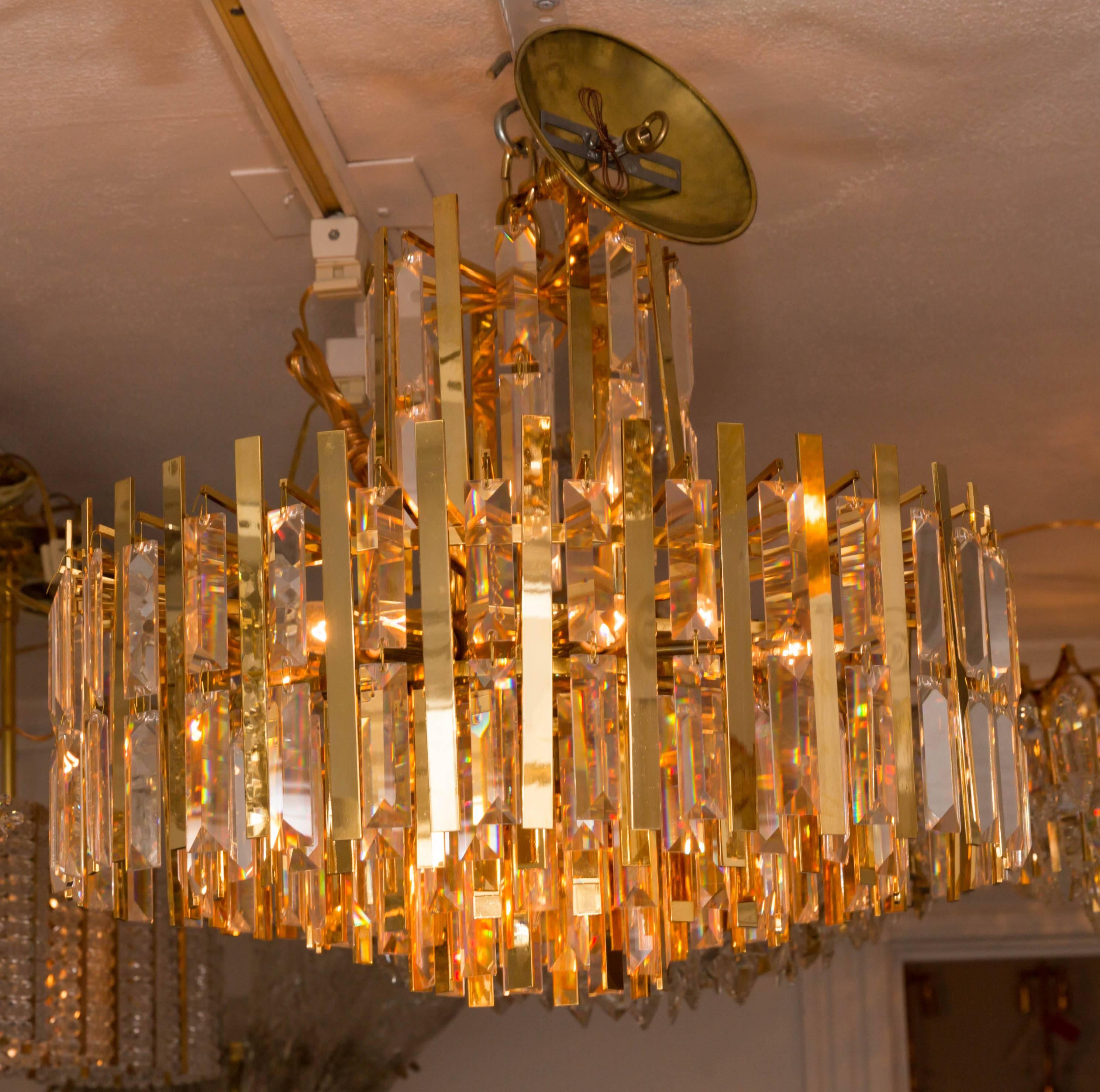 Brass Chandelier Composed of Multiple Suspended Brass Strips and Crystal Prisms For Sale 1