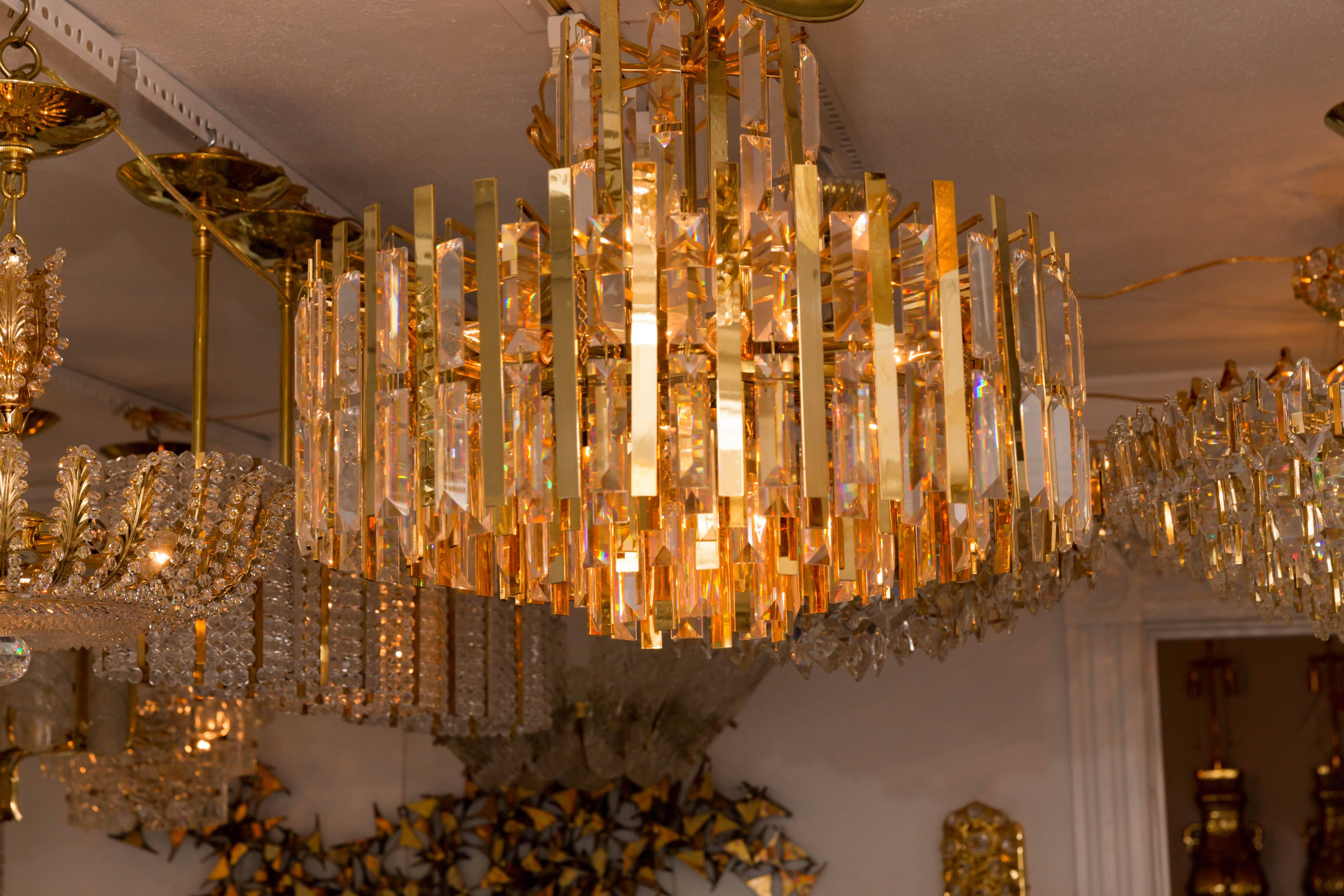 Brass Chandelier Composed of Multiple Suspended Brass Strips and Crystal Prisms For Sale 2