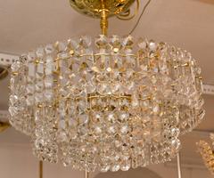 Two-Tiered Ceiling Fixture Composed of Faceted Glass Panels with Brass Detail