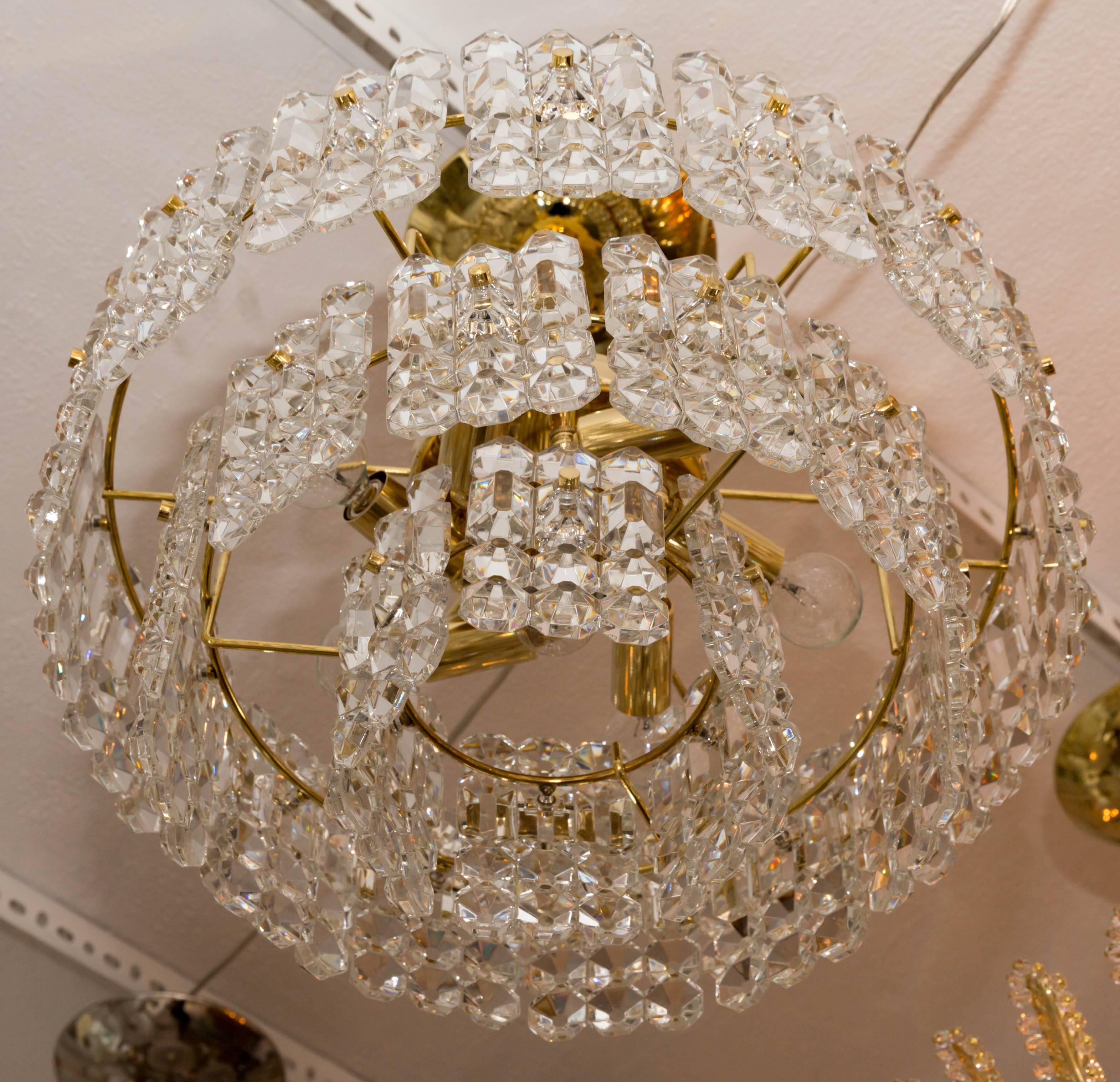 Austrian Two-Tiered Ceiling Fixture Composed of Faceted Glass Panels with Brass Detail For Sale