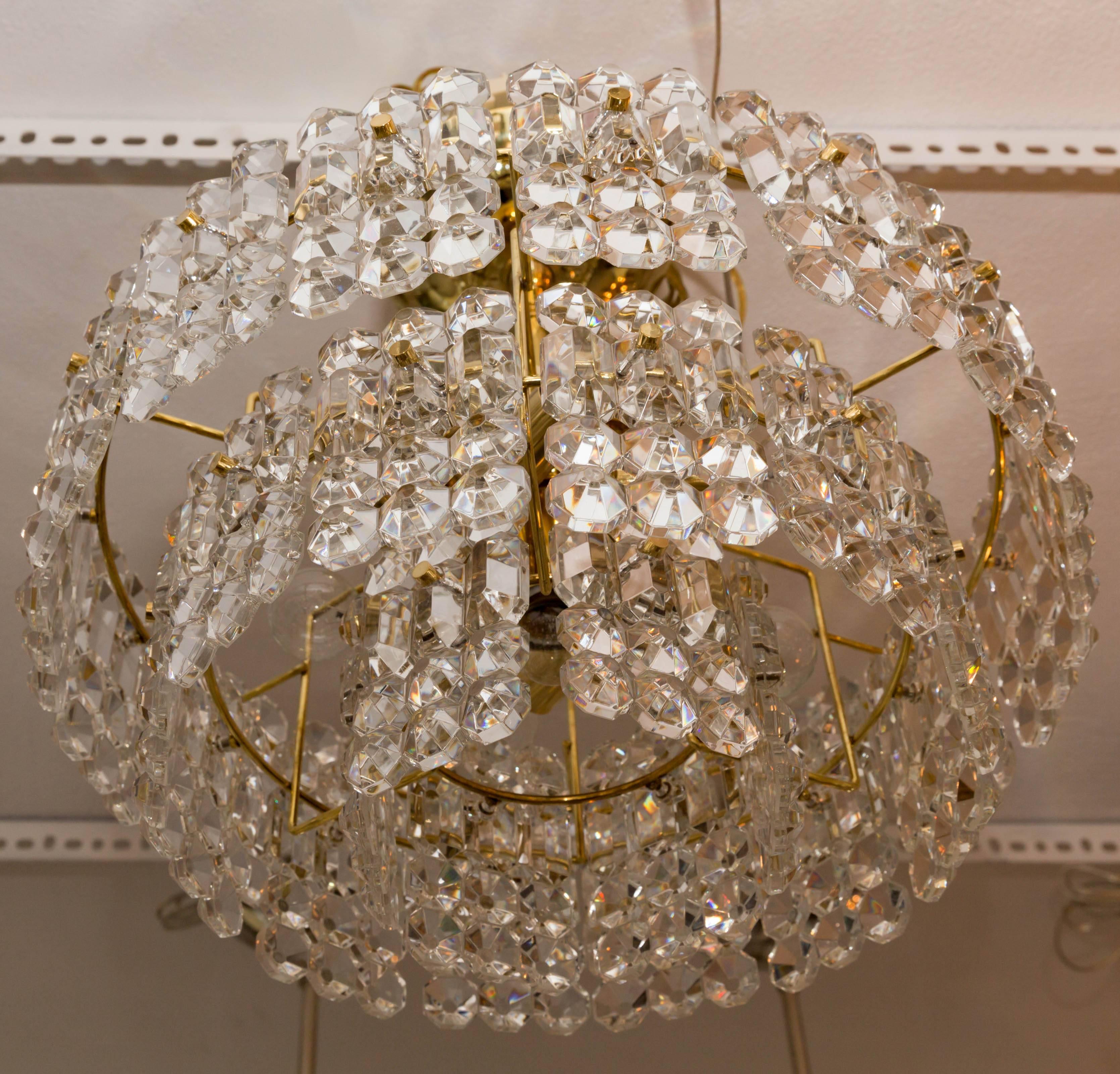 Two-Tiered Ceiling Fixture Composed of Faceted Glass Panels with Brass Detail In Good Condition For Sale In Bridgehampton, NY