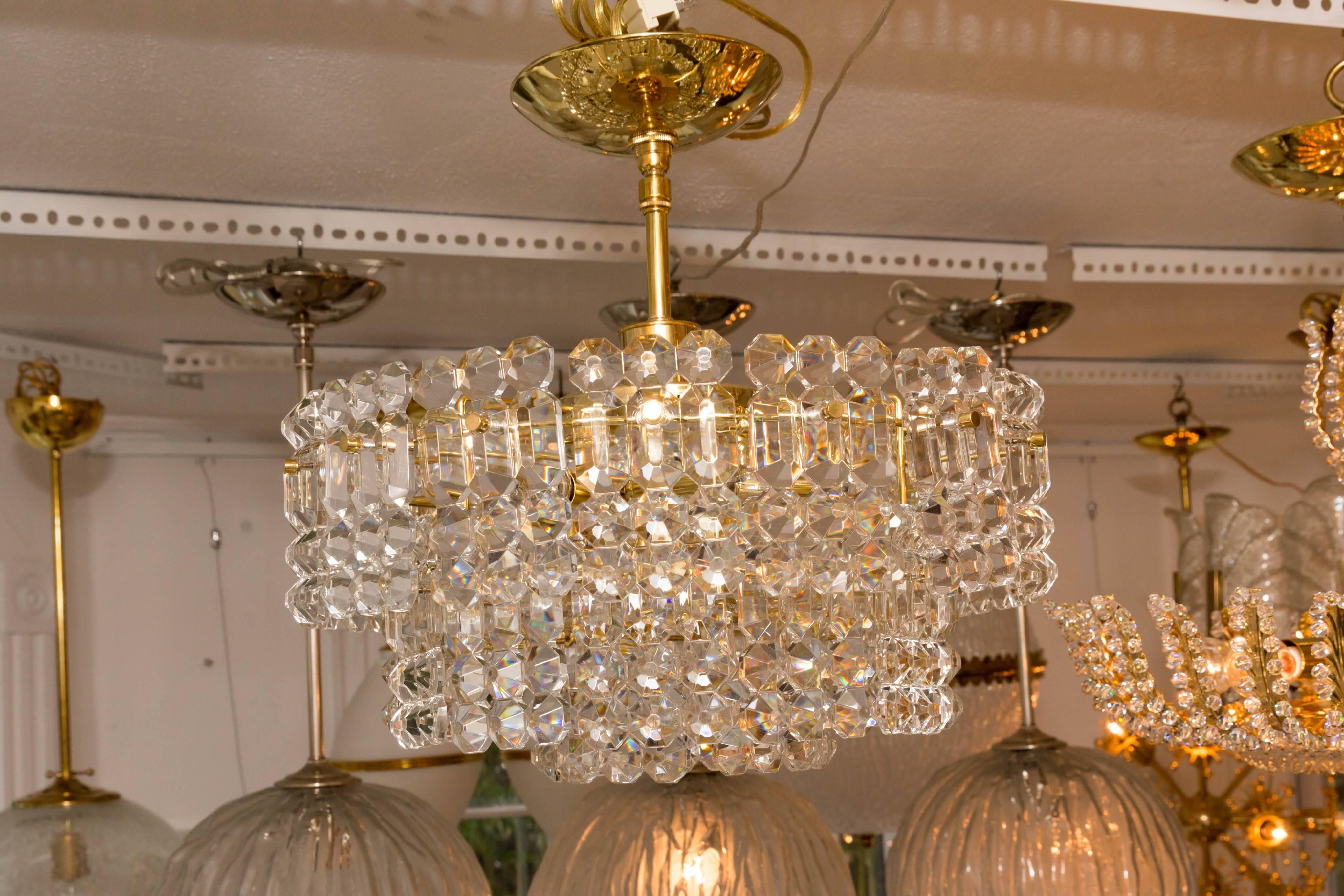 20th Century Two-Tiered Ceiling Fixture Composed of Faceted Glass Panels with Brass Detail For Sale