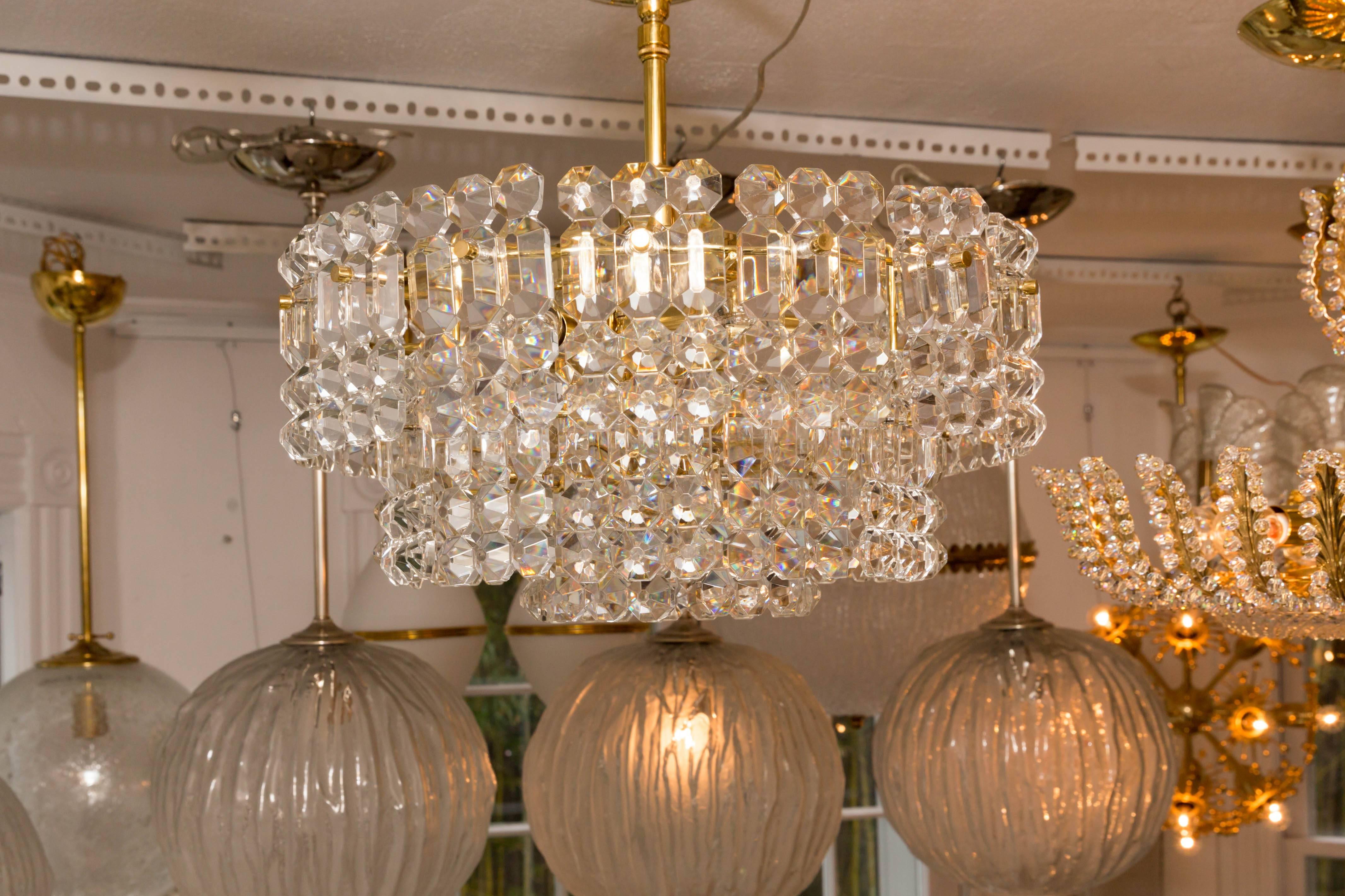 Two-Tiered Ceiling Fixture Composed of Faceted Glass Panels with Brass Detail For Sale 1