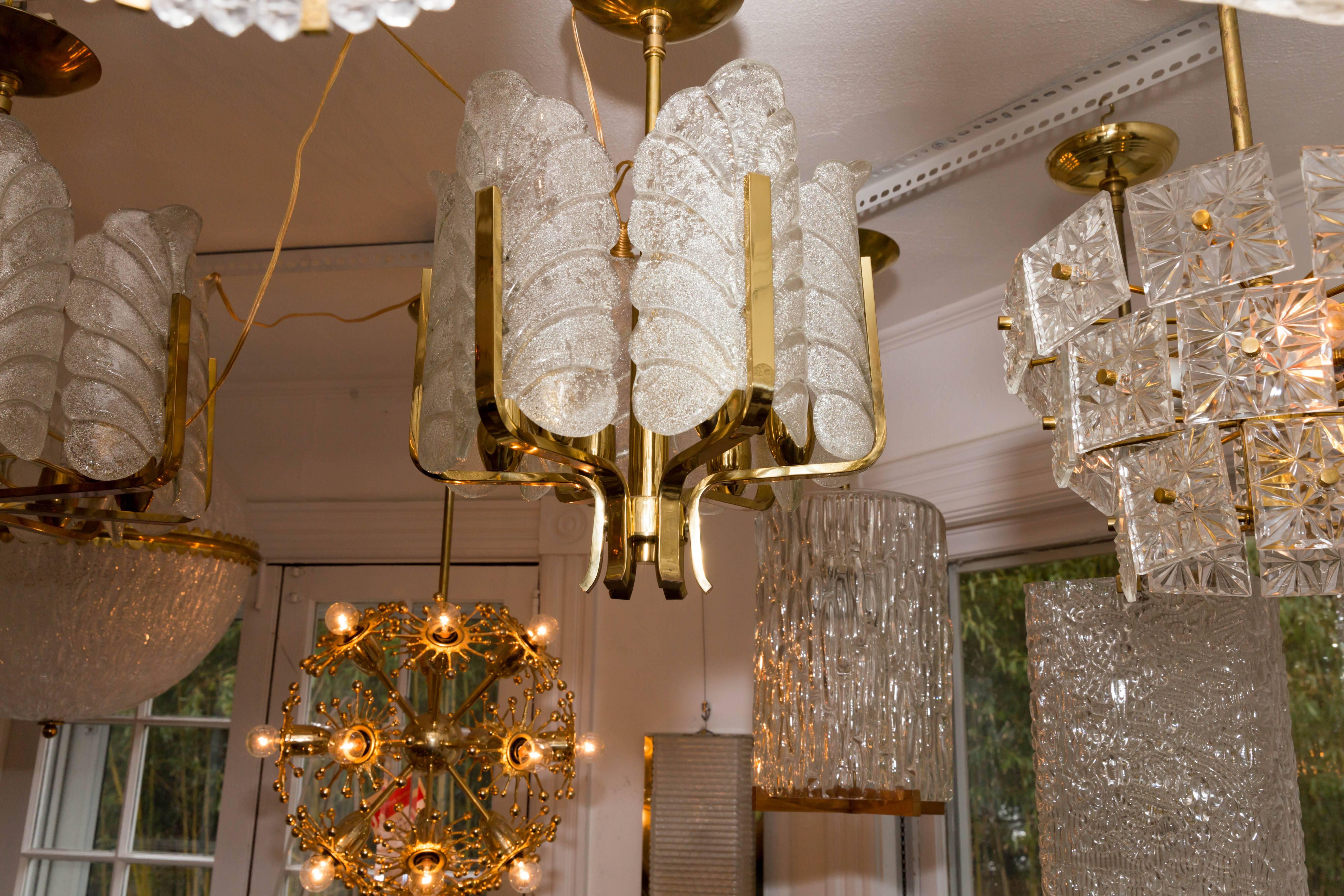 Mid-Century Modern Brass Six-Arm Chandelier with Frosted Acanthus Shades by Karl Fagerlund