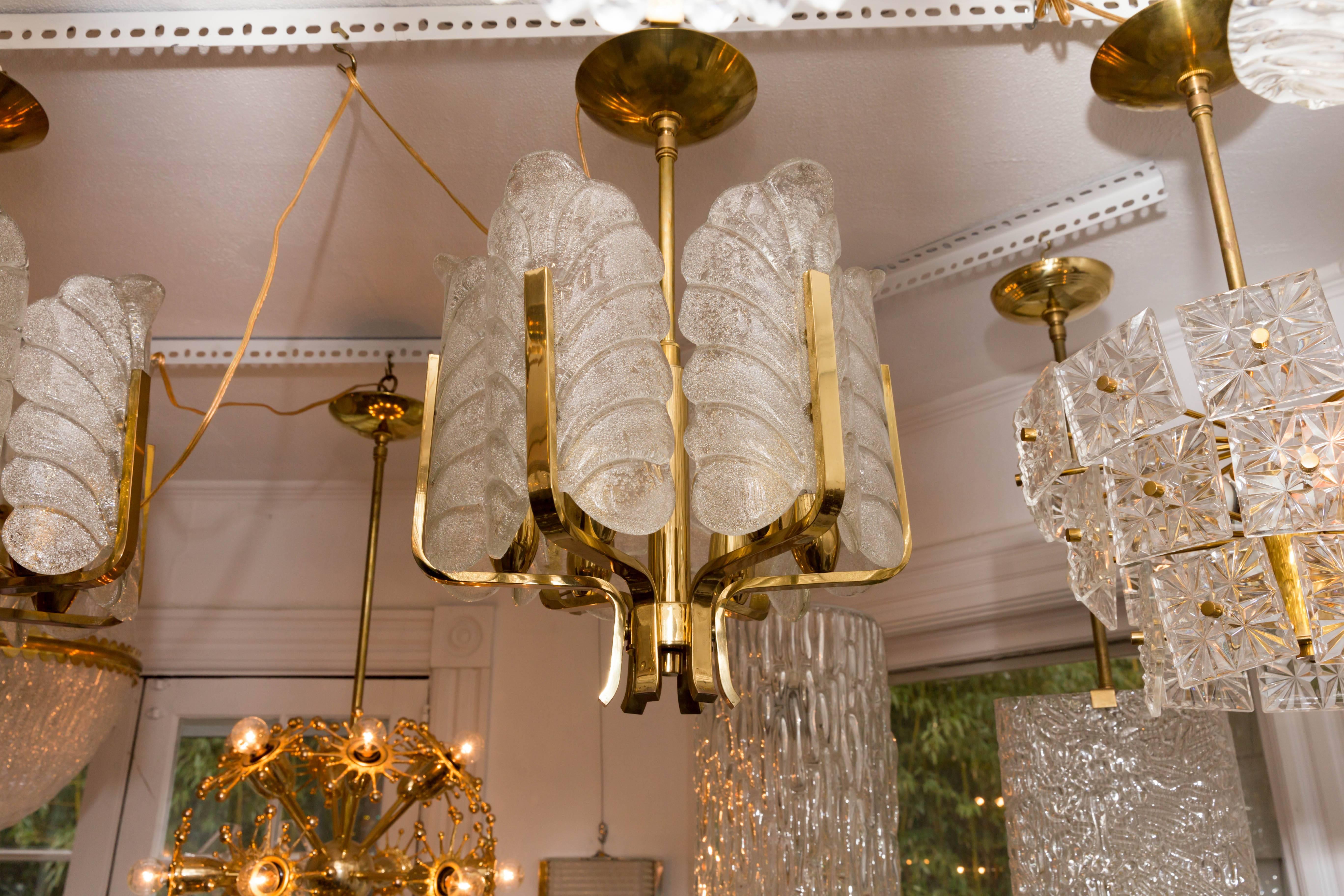 Swedish Brass Six-Arm Chandelier with Frosted Acanthus Shades by Karl Fagerlund