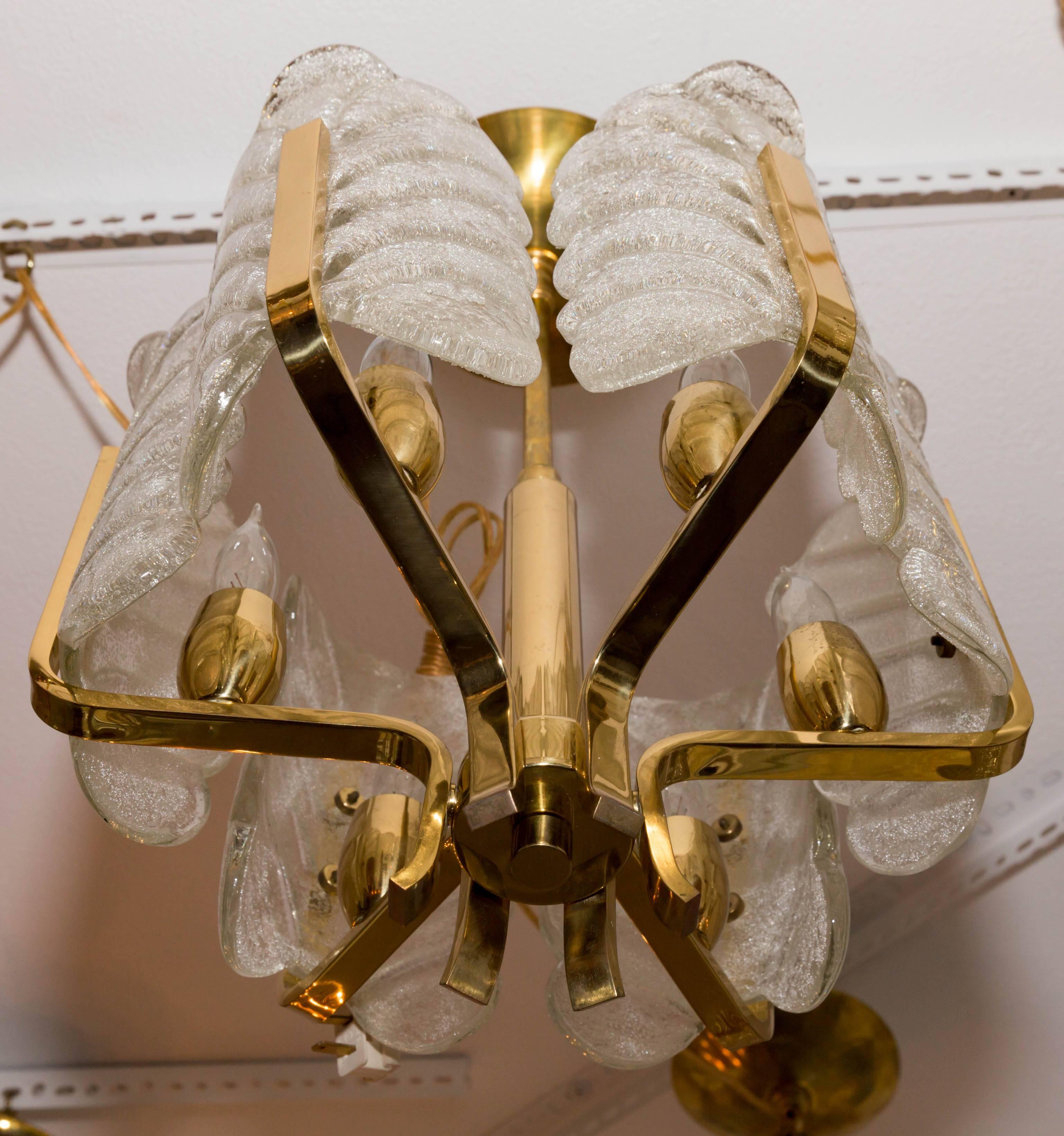 Brass Six-Arm Chandelier with Frosted Acanthus Shades by Karl Fagerlund In Excellent Condition In Bridgehampton, NY