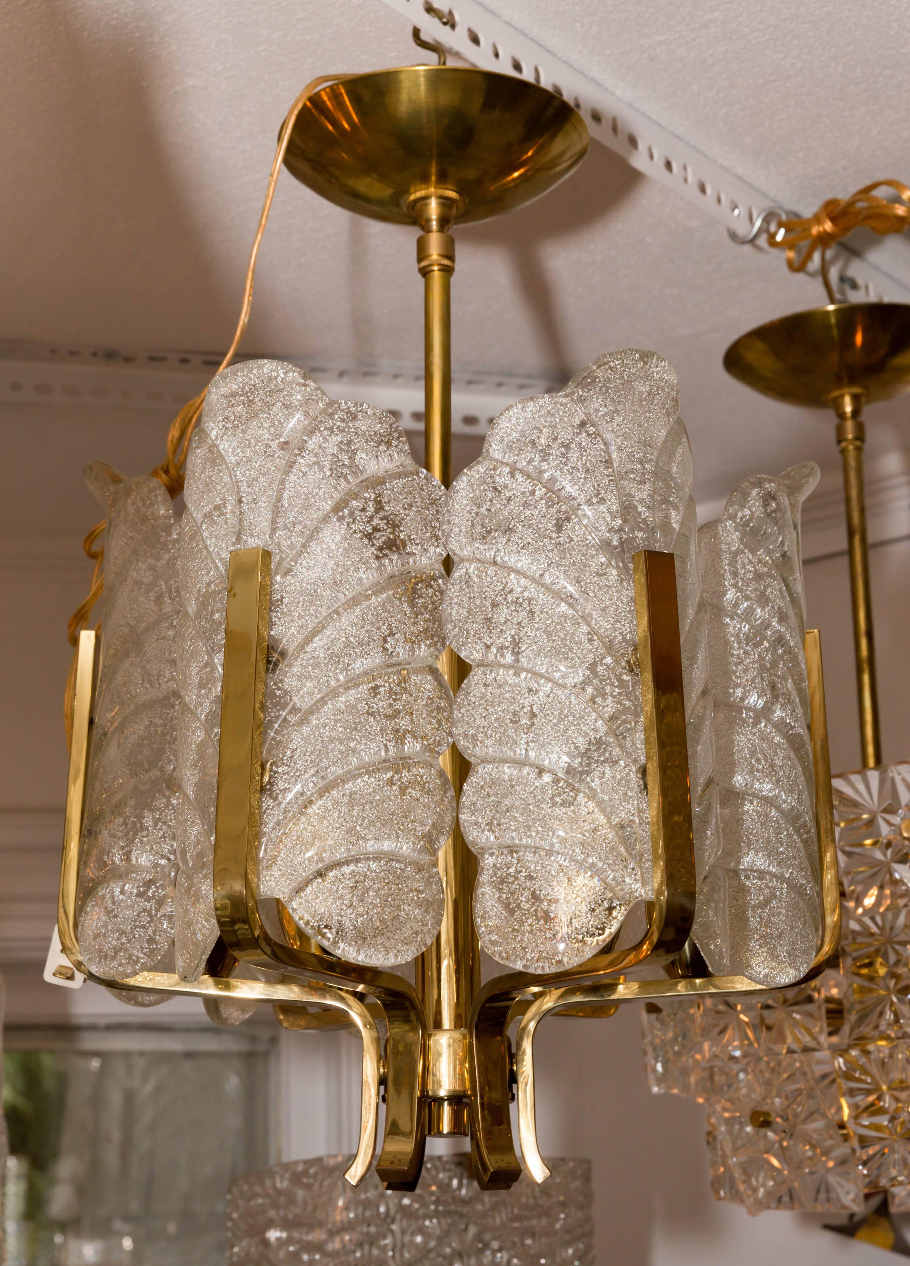 20th Century Brass Six-Arm Chandelier with Frosted Acanthus Shades by Karl Fagerlund