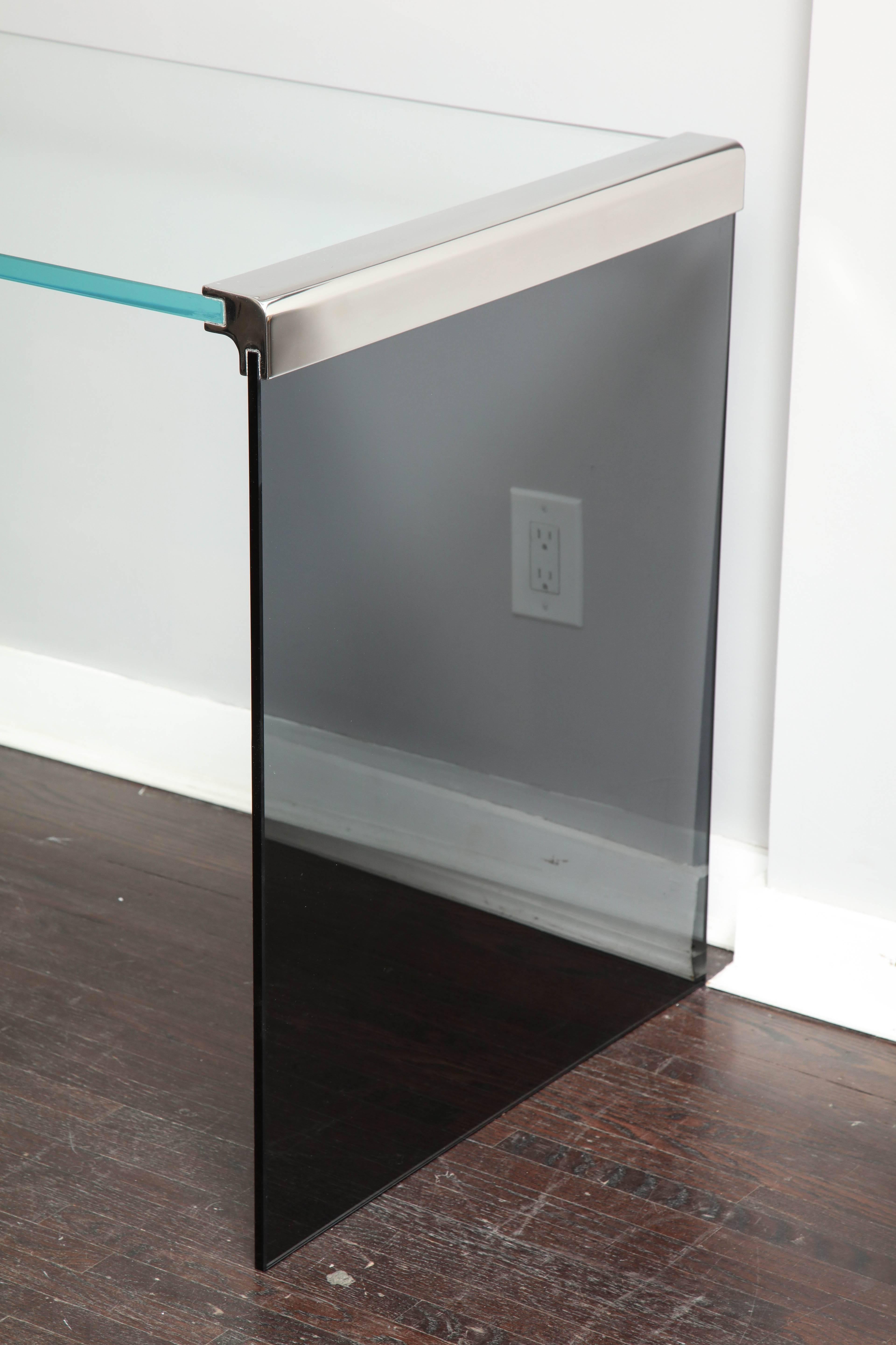 Vintage waterfall desk in chrome with smoke and clear glass.