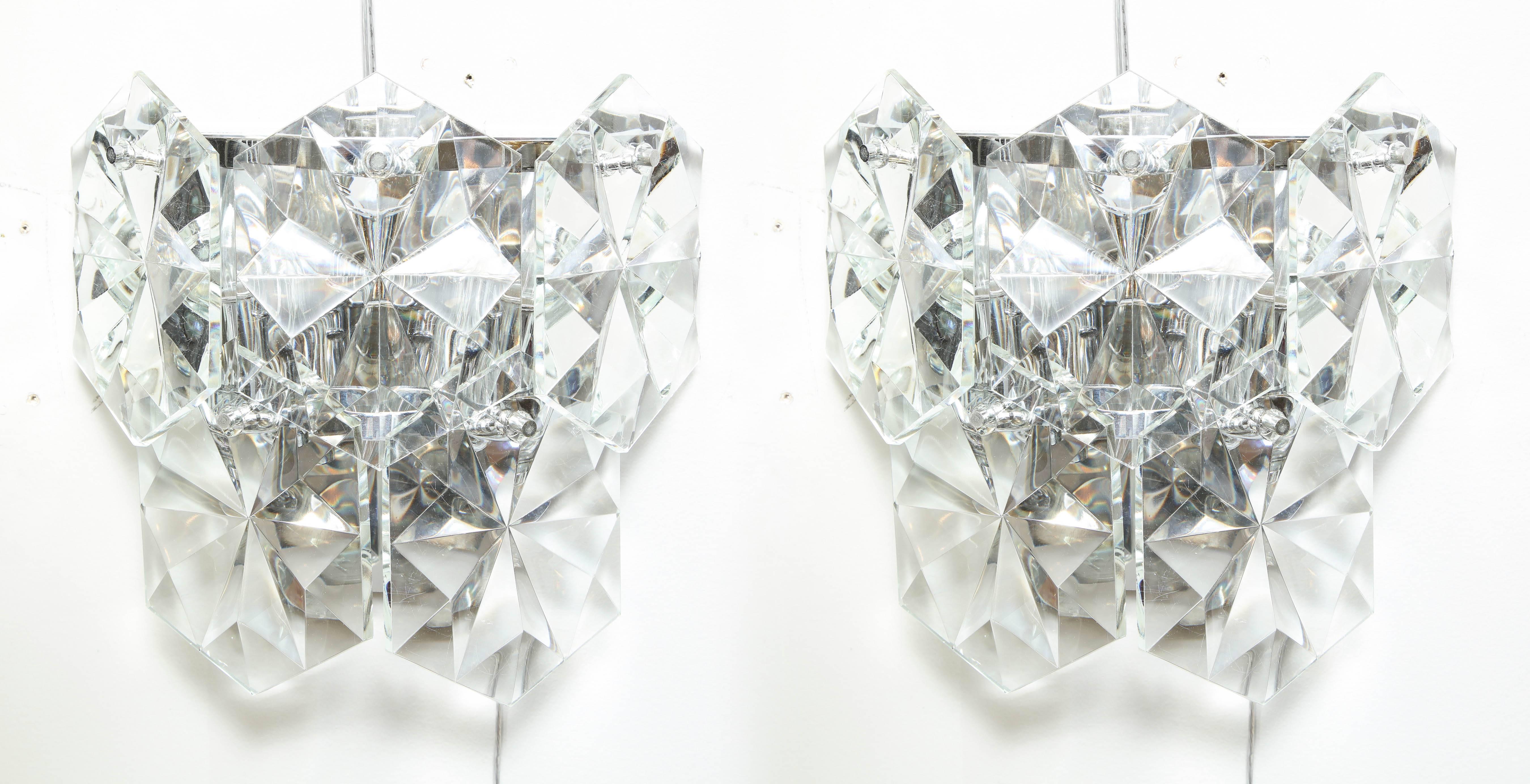 Modern Glamorous Pair of Oversized Gem Cut Kinkeldey Crystal Sconces 1970s