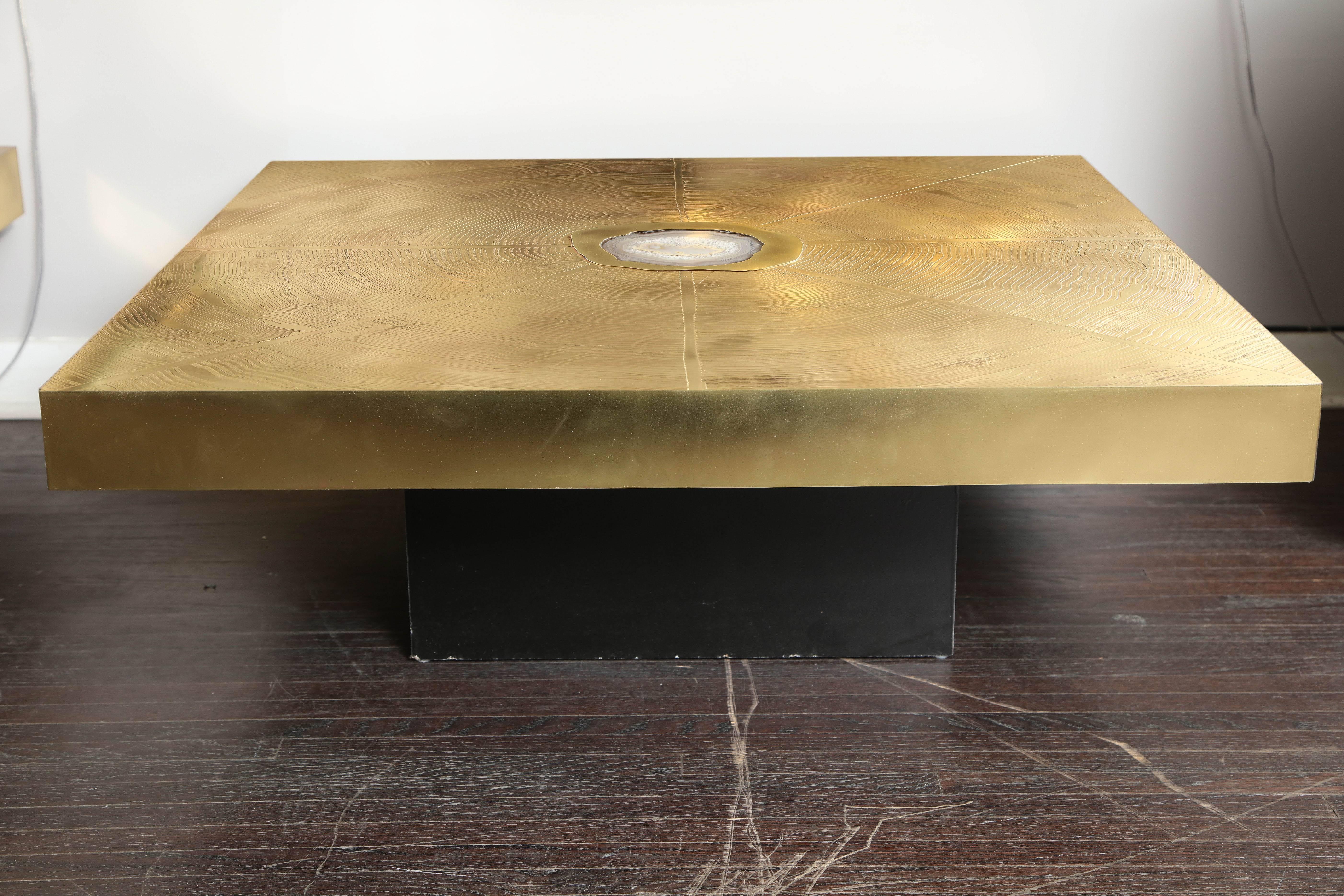 Vintage Belgium etched brass and agate cocktail table.