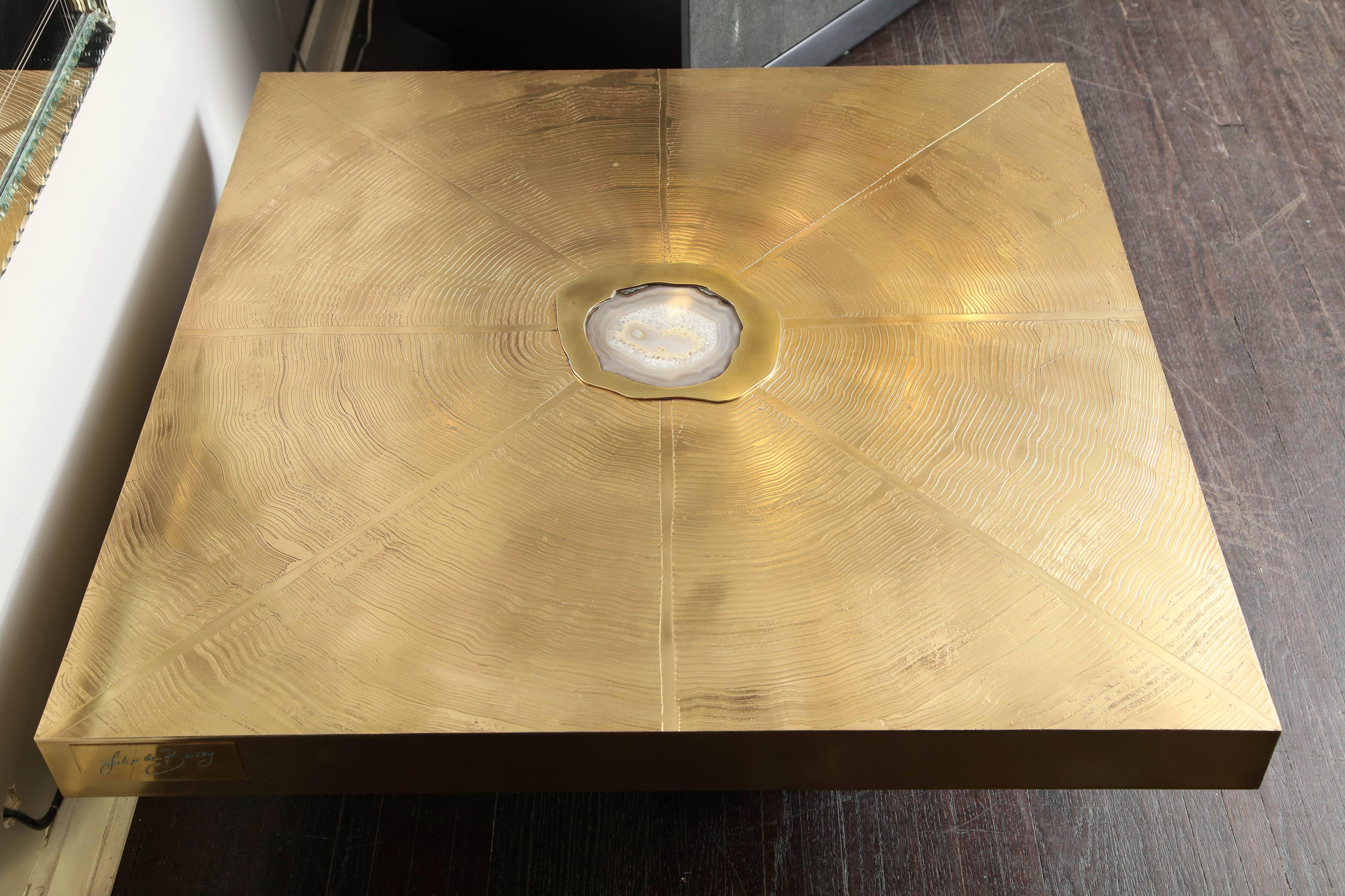 Modern Vintage Belgium Etched Brass and Agate Cocktail Table