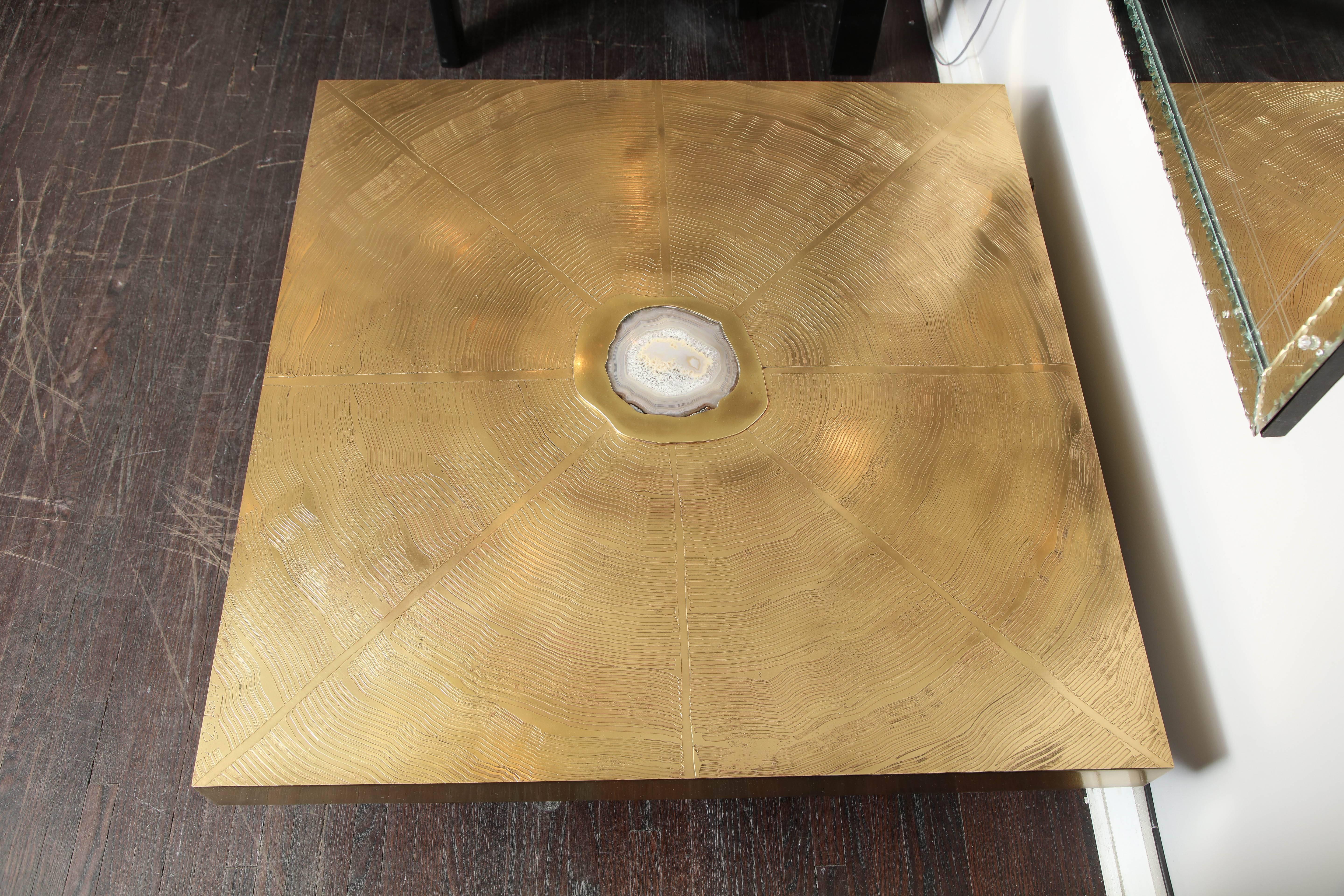 Belgian Vintage Belgium Etched Brass and Agate Cocktail Table
