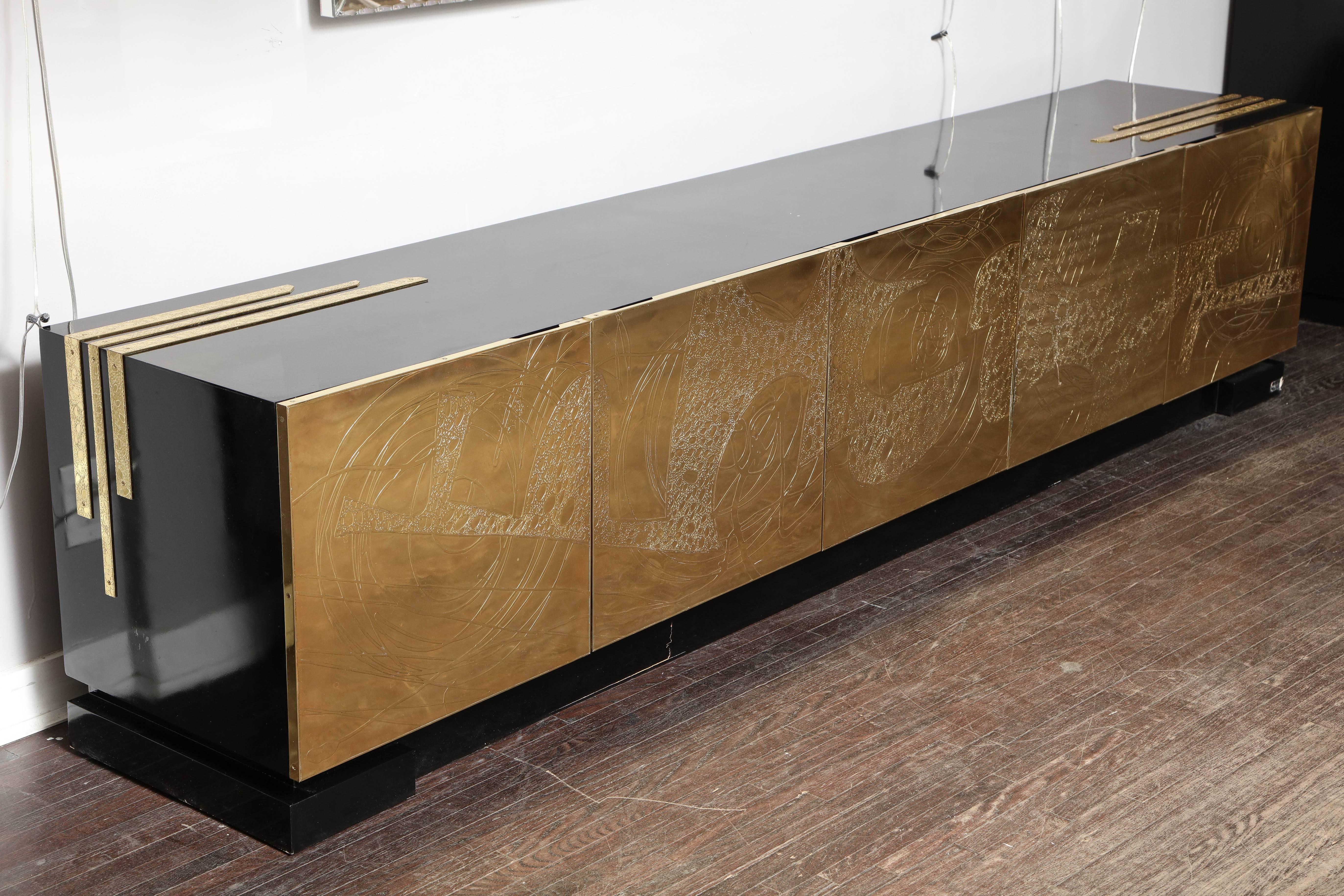 Monumental Felix De Boussy side board with etched brass doors.