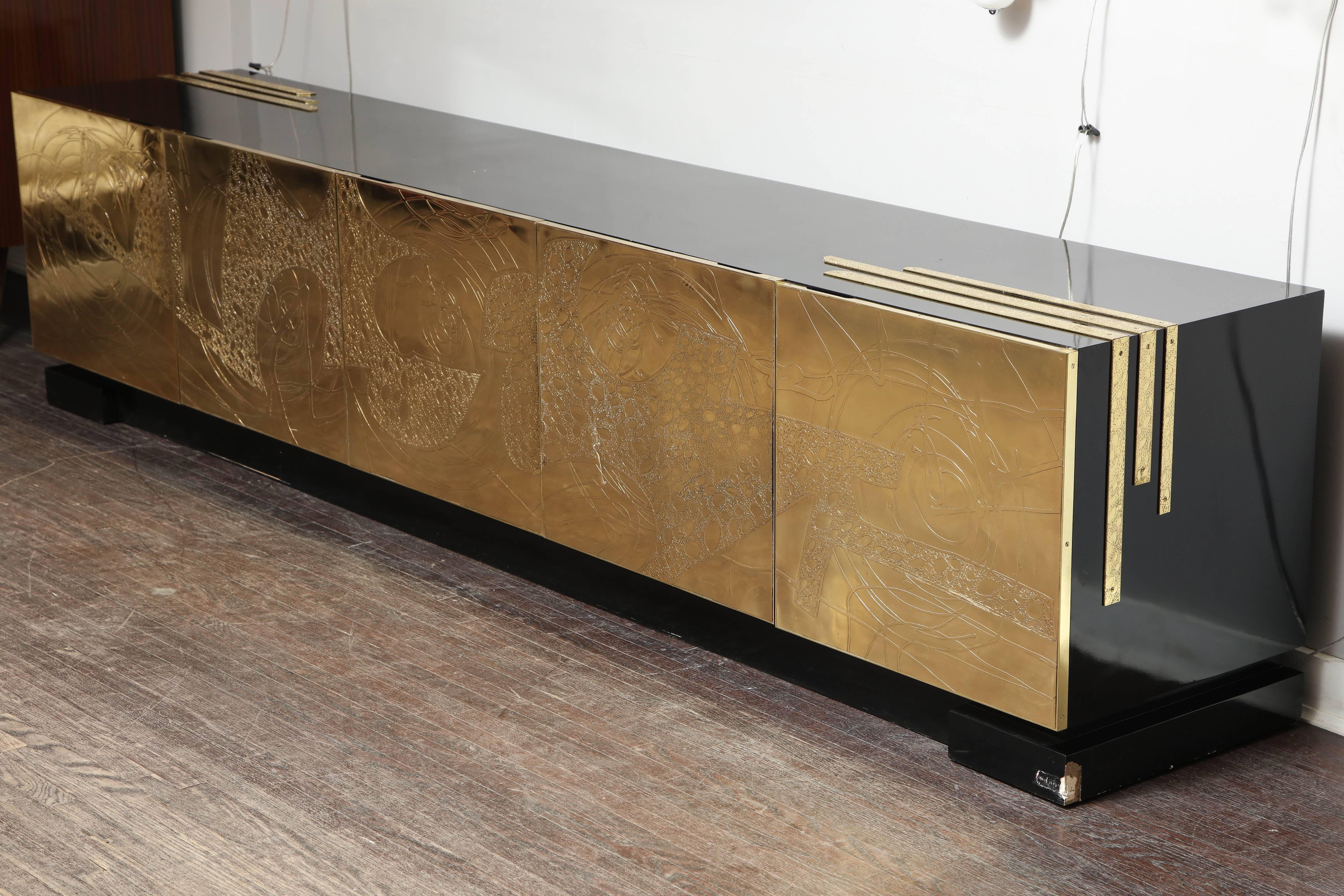 Modern Monumental Belgian Side Board with Etched Brass Doors