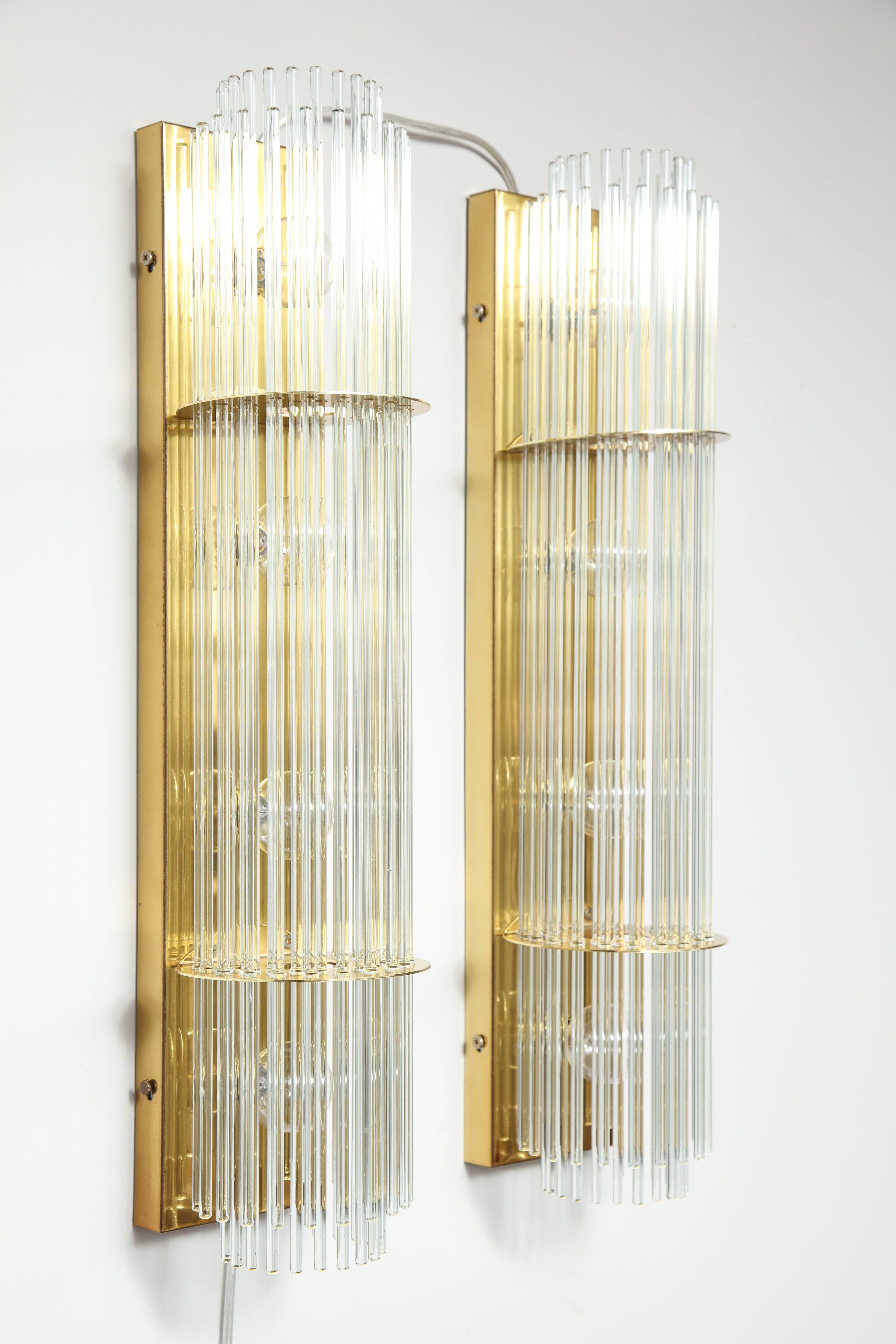 American Pair of Vintage Lightolier Glass Rod Sconces