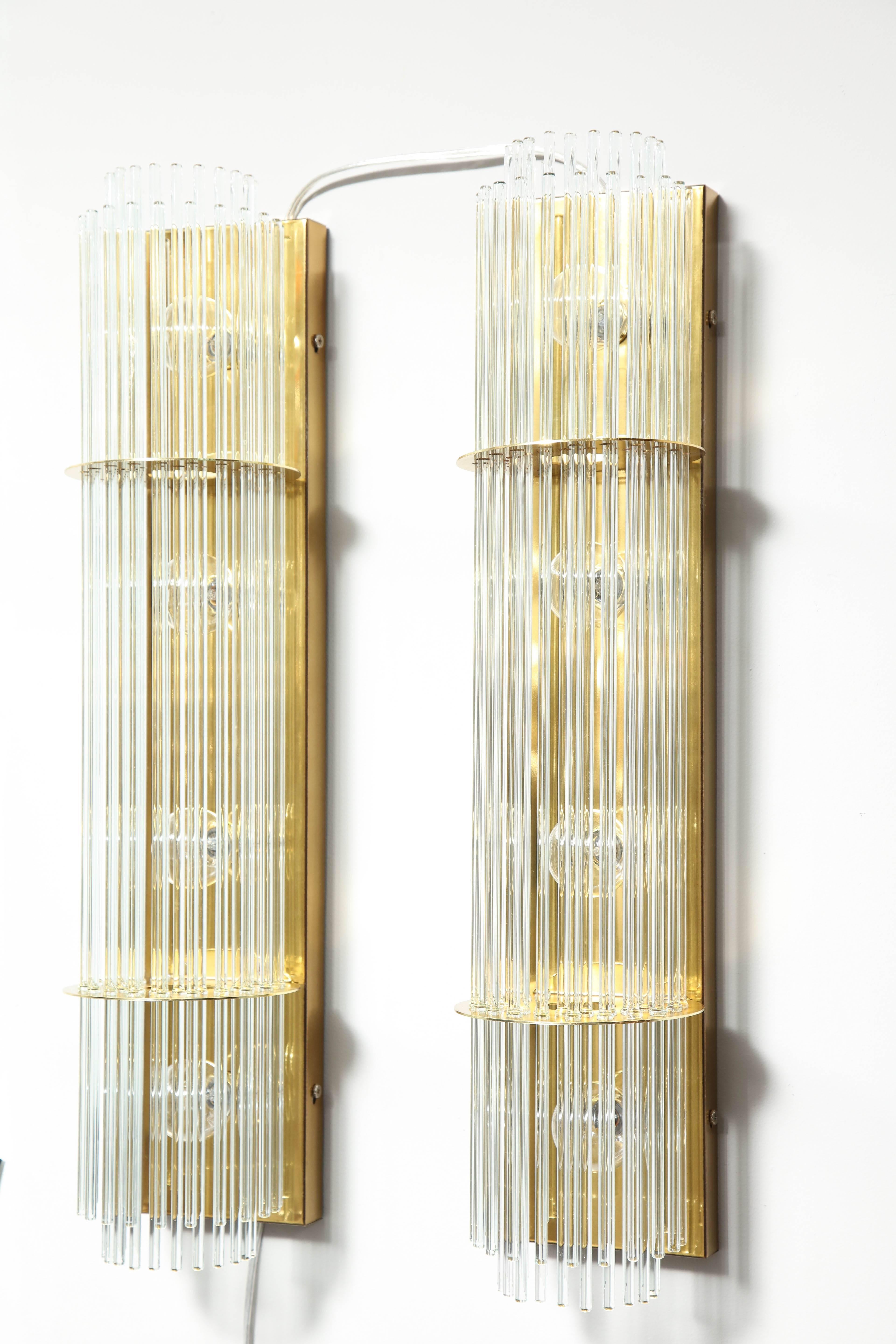 Brass Pair of Vintage Lightolier Glass Rod Sconces