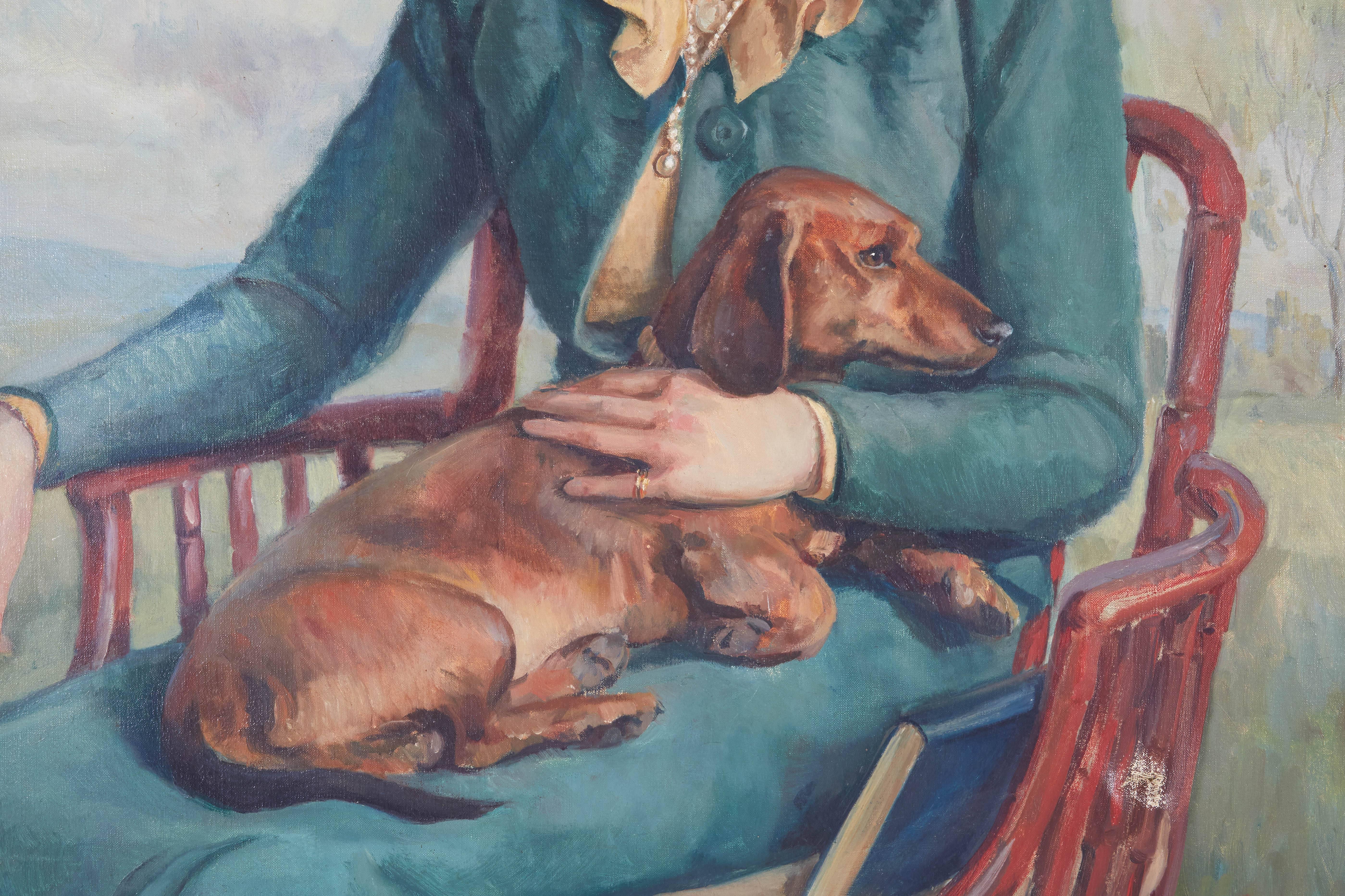 Society Portrait of Seated Woman and Dog In Fair Condition For Sale In New York, NY