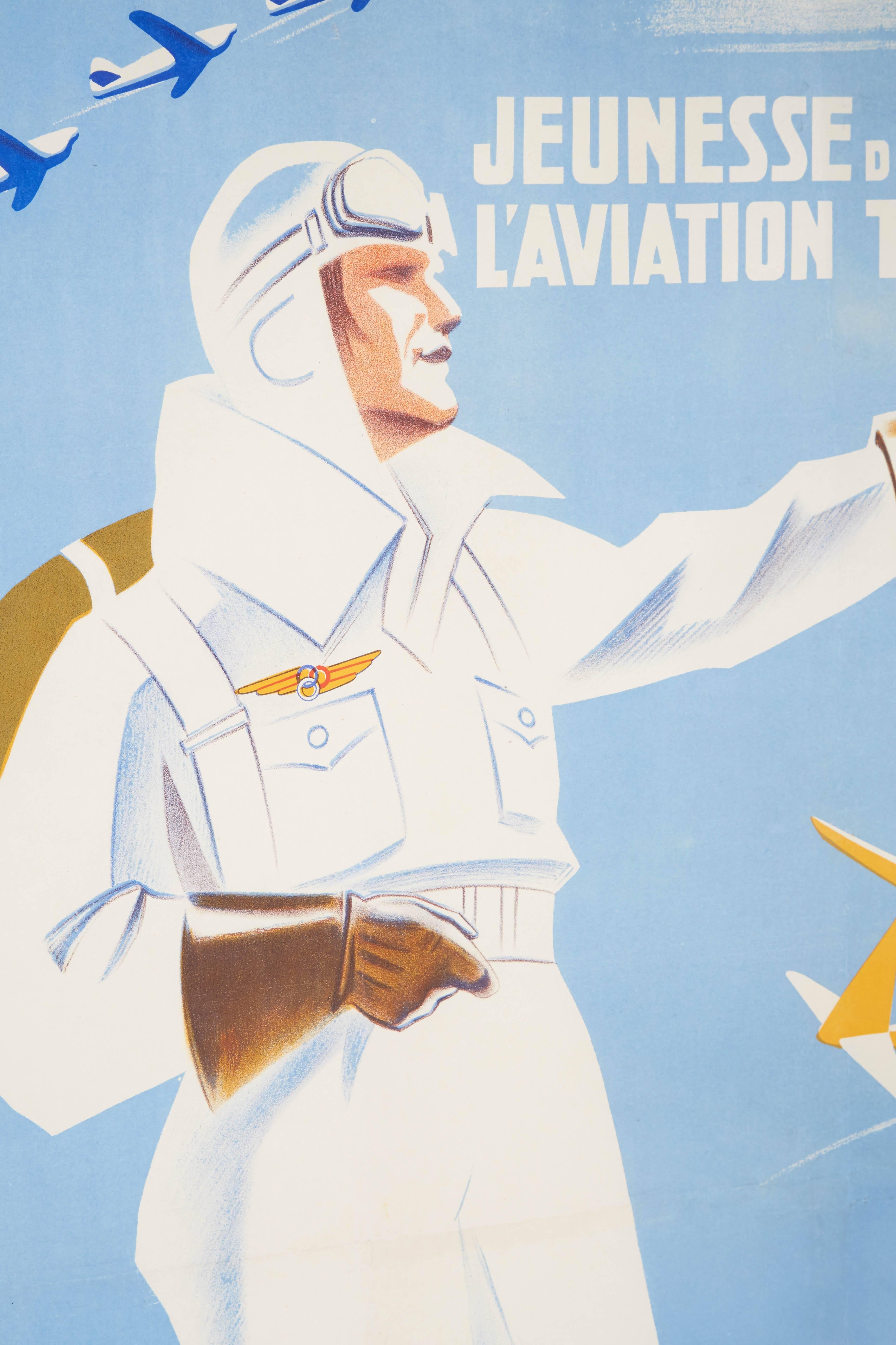 Aviation Populaire large promotional poster by Geo Ham, France, 1930s, published by the Ministry of Aviation, promoting the need for young people to get involved in the field of aviation features white-clad pilot point into the blue sky with orange,