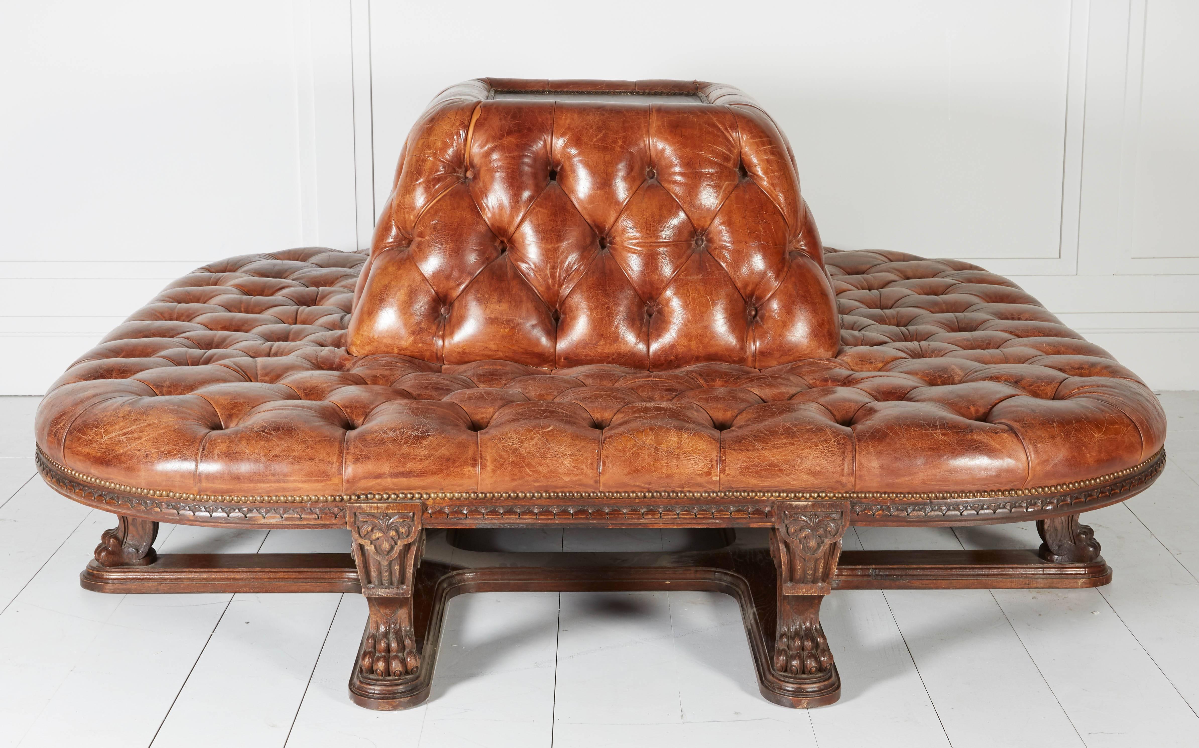 Custom-made, one of a kind tufted leather bench. Adorned with brass nailheads and claw feet legs.
 
Not available for sale or to ship in the state of California.