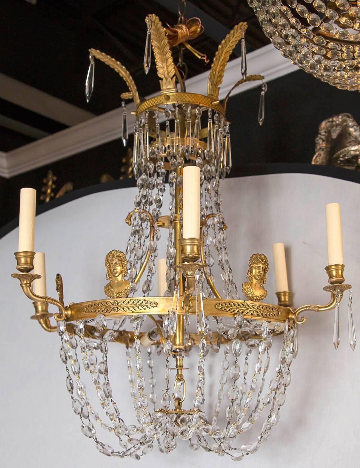 A late 19th century Swedish Empire style chandelier with crystals.